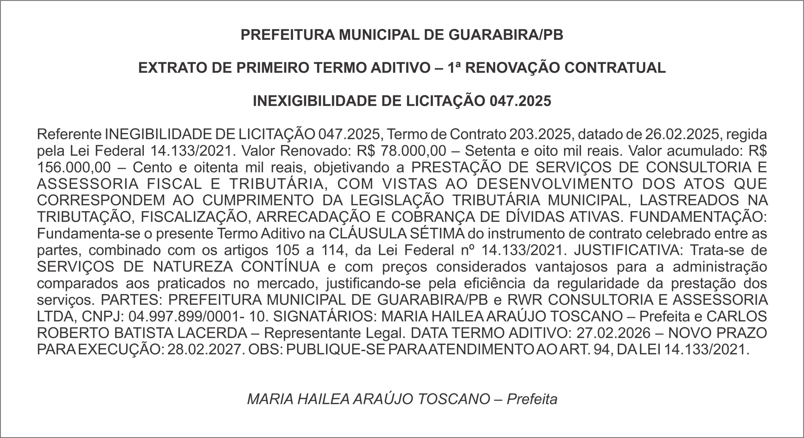 PREFEITURA MUNICIPAL DE GUARABIRA/PB – EXTRATO DE PRIMEIRO TERMO ADITIVO