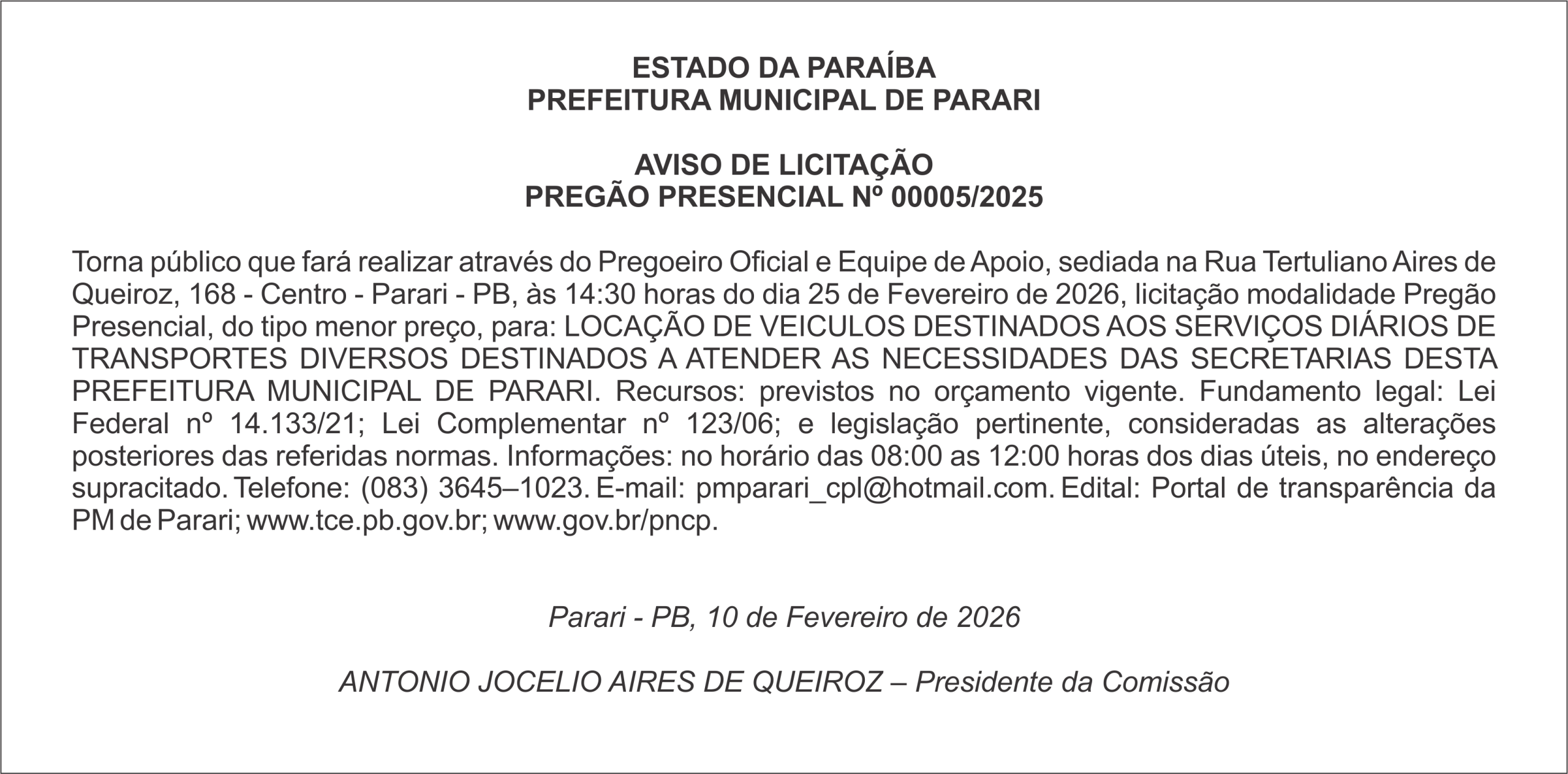 PREFEITURA MUNICIPAL DE PARARI – AVISO DE LICITAÇÃO PREGÃO PRESENCIAL Nº 00005/2026