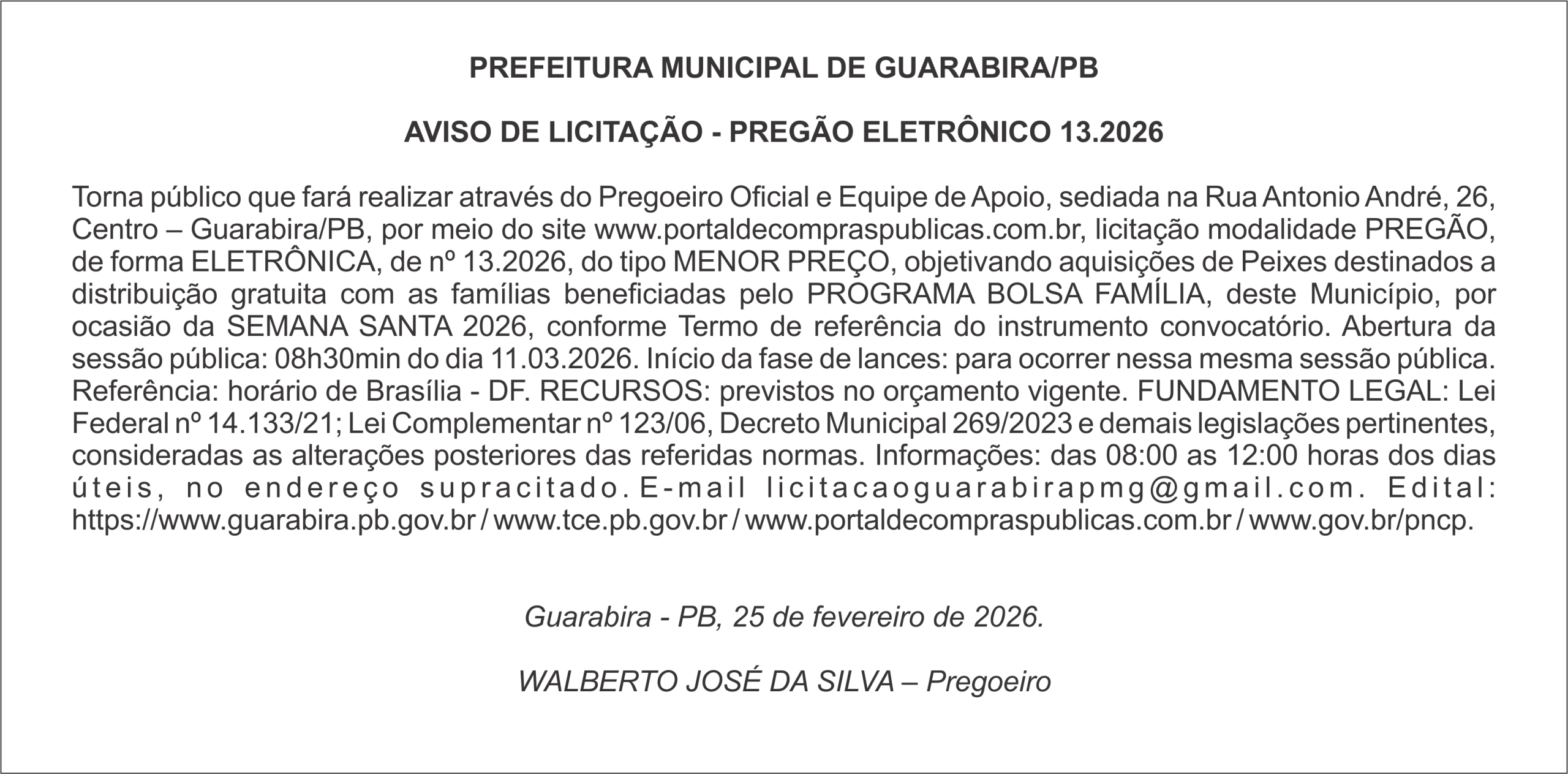 PREFEITURA MUNICIPAL DE GUARABIRA/PB AVISO DE LICITAÇÃO – PREGÃO ELETRÔNICO 13.2026