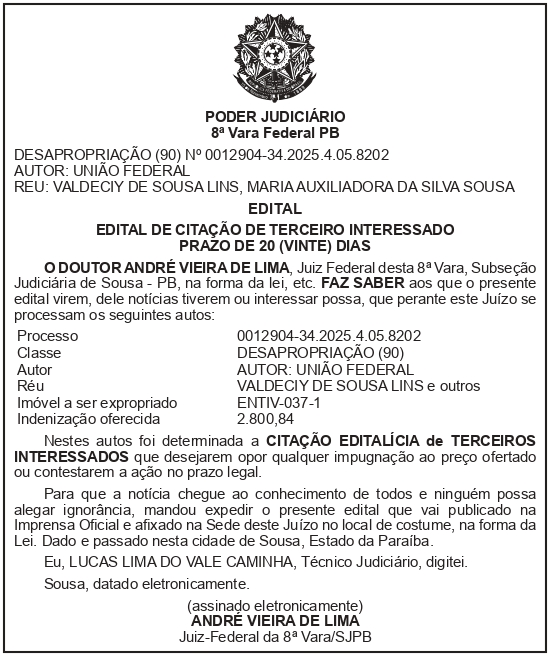 SECRETARIA NACIONAL DE SEGURANÇA HIDRICA – SNSH – MDR – DF – BRASÍLIA – Edital de Citação de Terceiro Interessado – ENTIV-037-1 (VALDECIY DE SOUSA LINS)