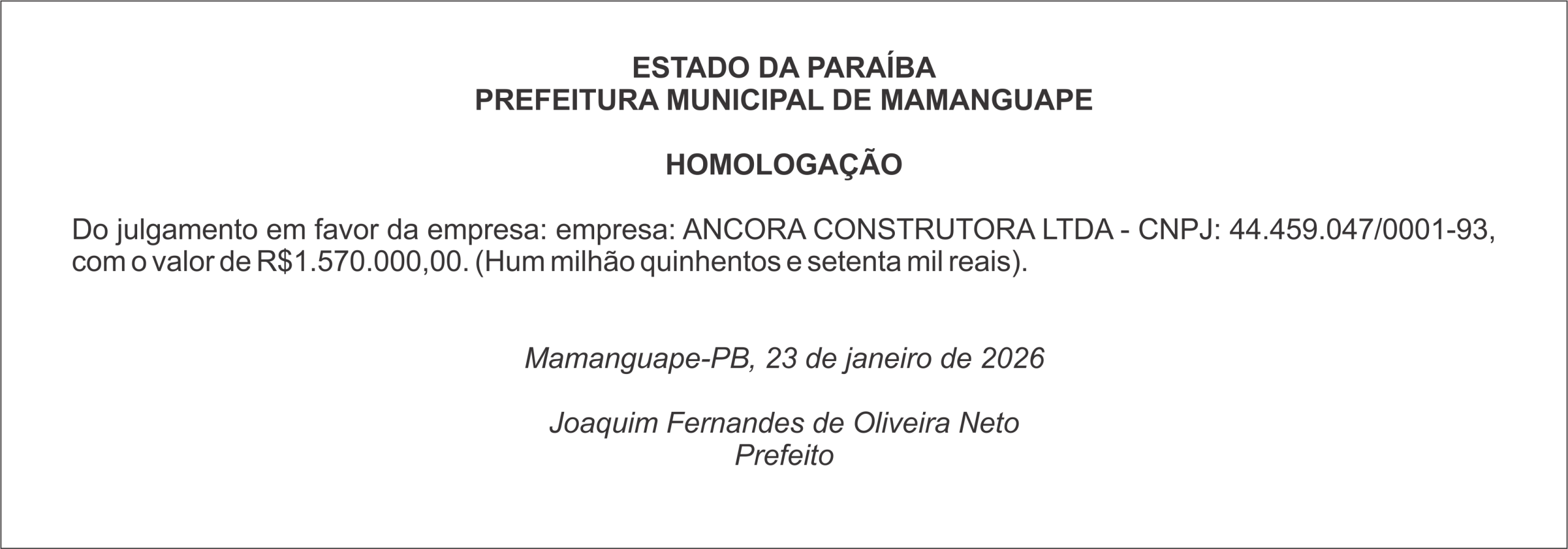 PREFEITURA DE MAMANGUAPE – HOMOLOGAÇÃO