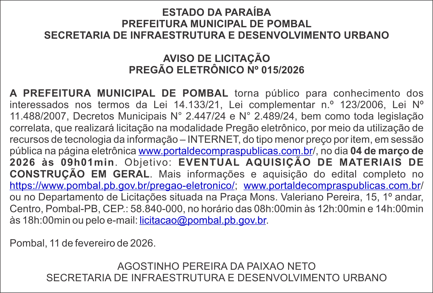 PREFEITURA MUNICIPAL DE POMBAL – AVISO DE LICITAÇÃO –  PREGÃO ELETRÔNICO Nº 015/2026