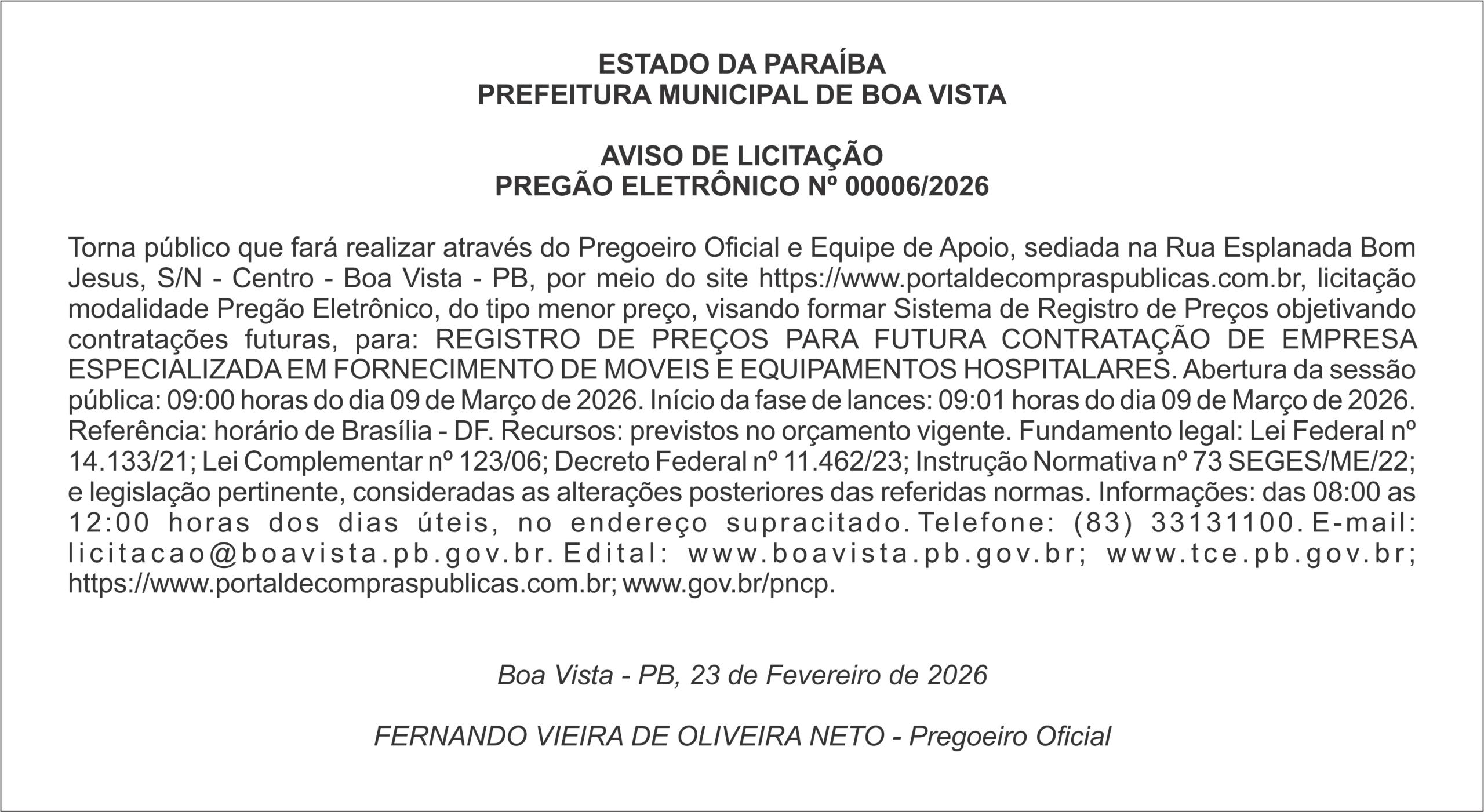 PREFEITURA MUNICIPAL DE BOA VISTA – AVISO DE LICITAÇÃO – PREGÃO ELETRÔNICO Nº 00006/2026