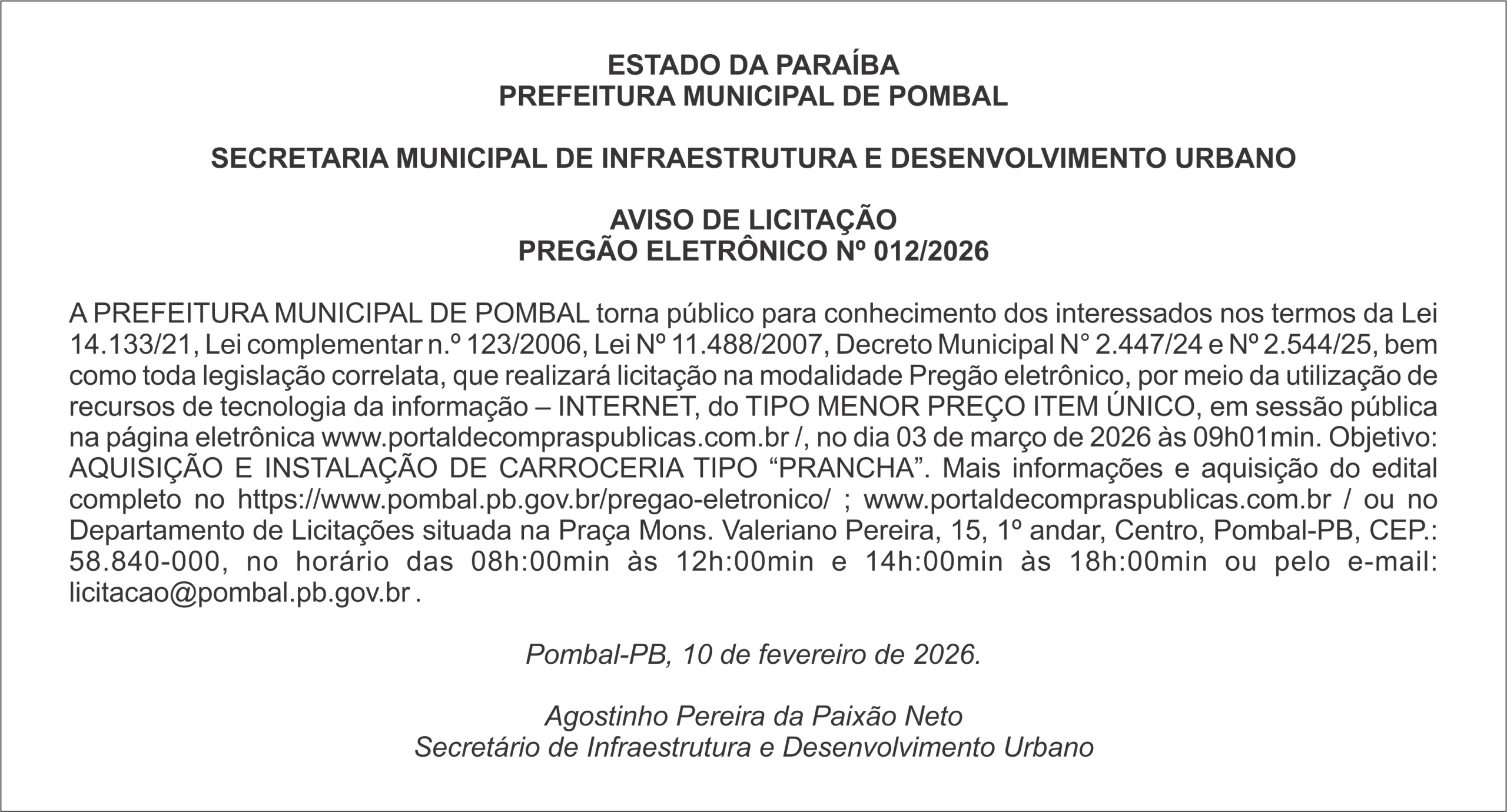 PREFEITURA MUNICIPAL DE POMBAL – AVISO DE LICITAÇÃO – PREGÃO ELETRÔNICO Nº 012/2026