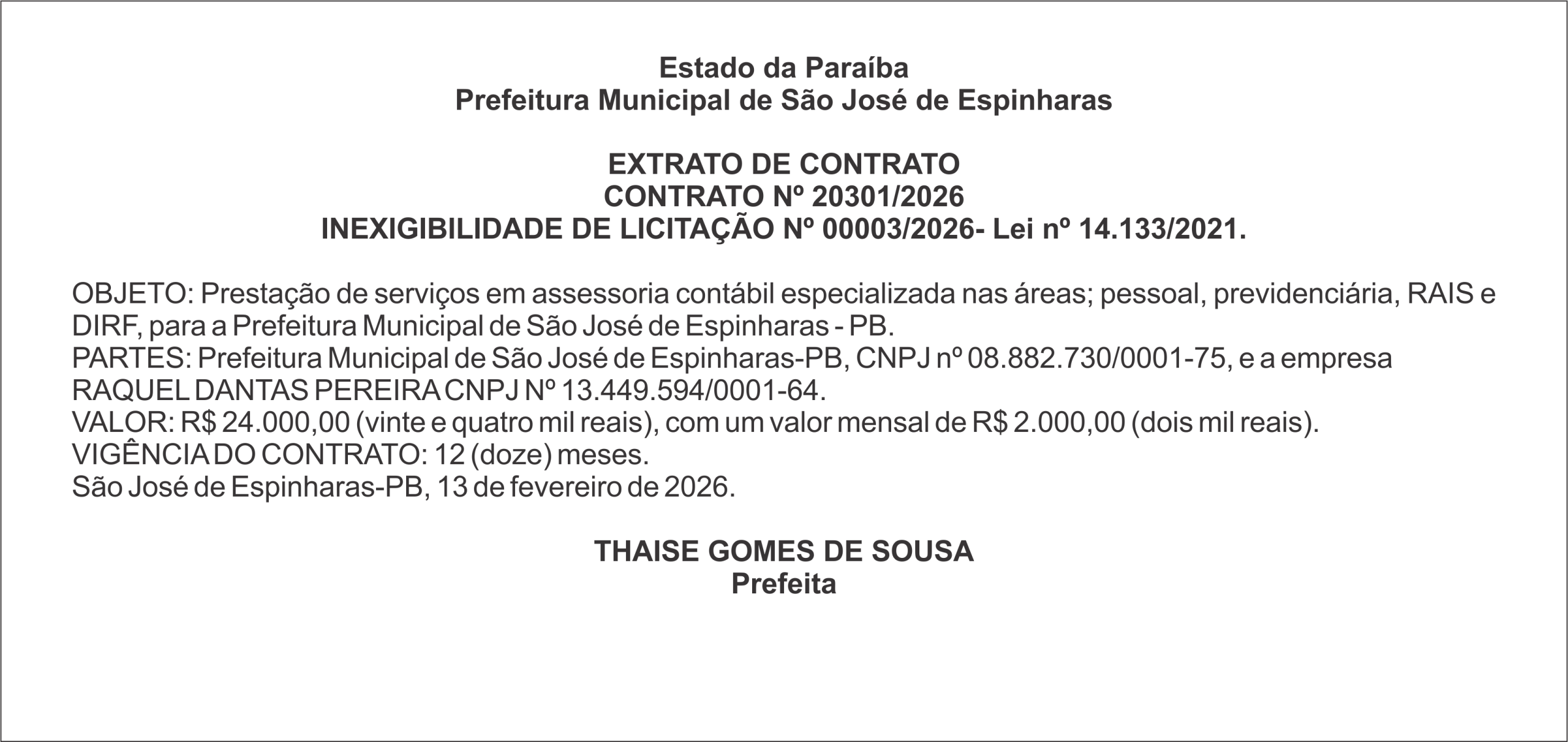 PREFEITURA DE SÃO JOSÉ DE ESPINHARAS – EXTRATO DE CONTRATO CONTRATO Nº 20301/2026