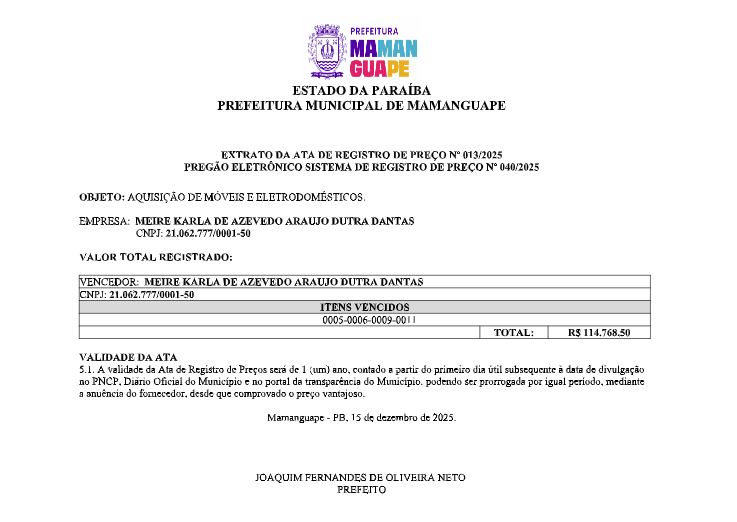 PREFEITURA MUNICIPAL DE MAMANGUAPE – EXTRATO DA ATA DE REGISTRO DE PREÇO Nº 013/2025