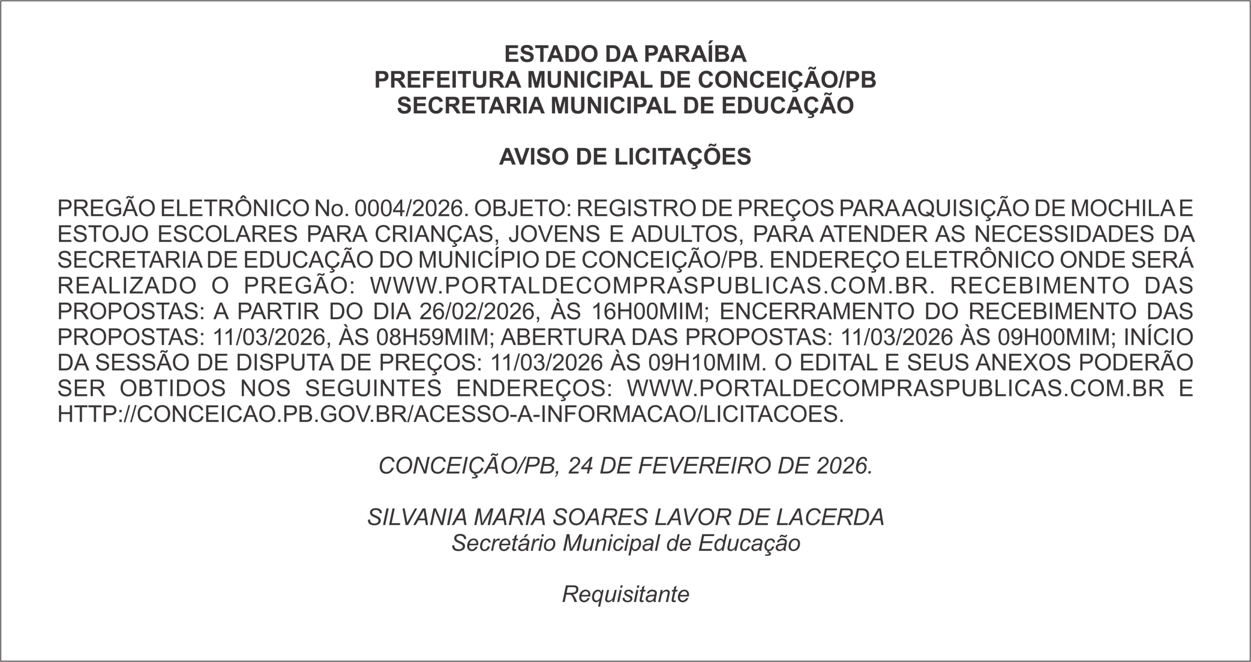 PREFEITURA MUNICIPAL DE CONCEIÇÃO/PB – AVISO DE LICITAÇÕES – PREGÃO ELETRÔNICO No. 0004/2026