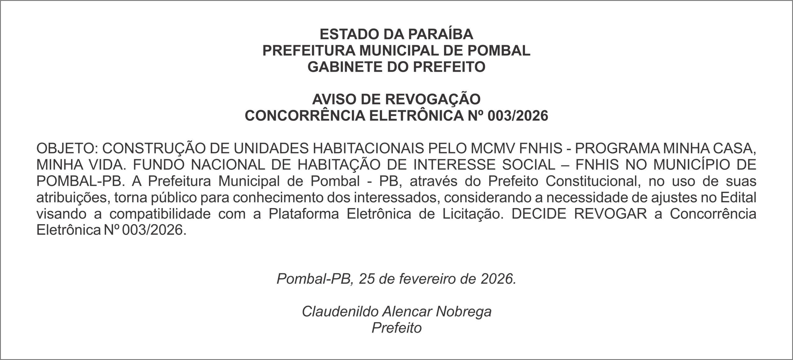 PREFEITURA MUNICIPAL DE POMBAL – AVISO DE REVOGAÇÃO – CONCORRÊNCIA ELETRÔNICA Nº 003/2026
