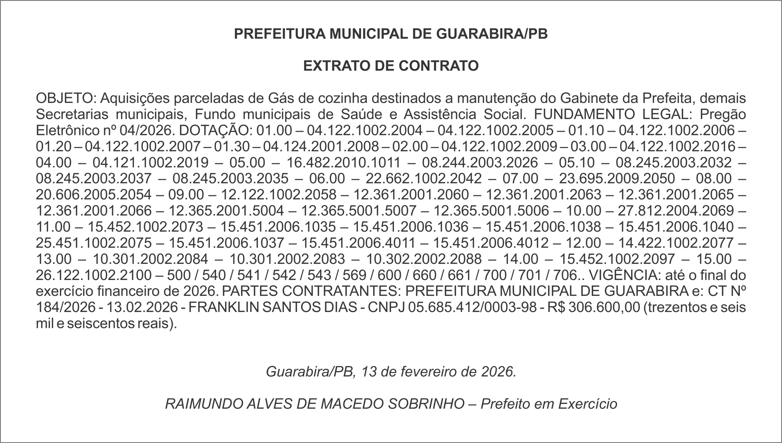 PREFEITURA MUNICIPAL DE GUARABIRA/PB – EXTRATO DE CONTRATO