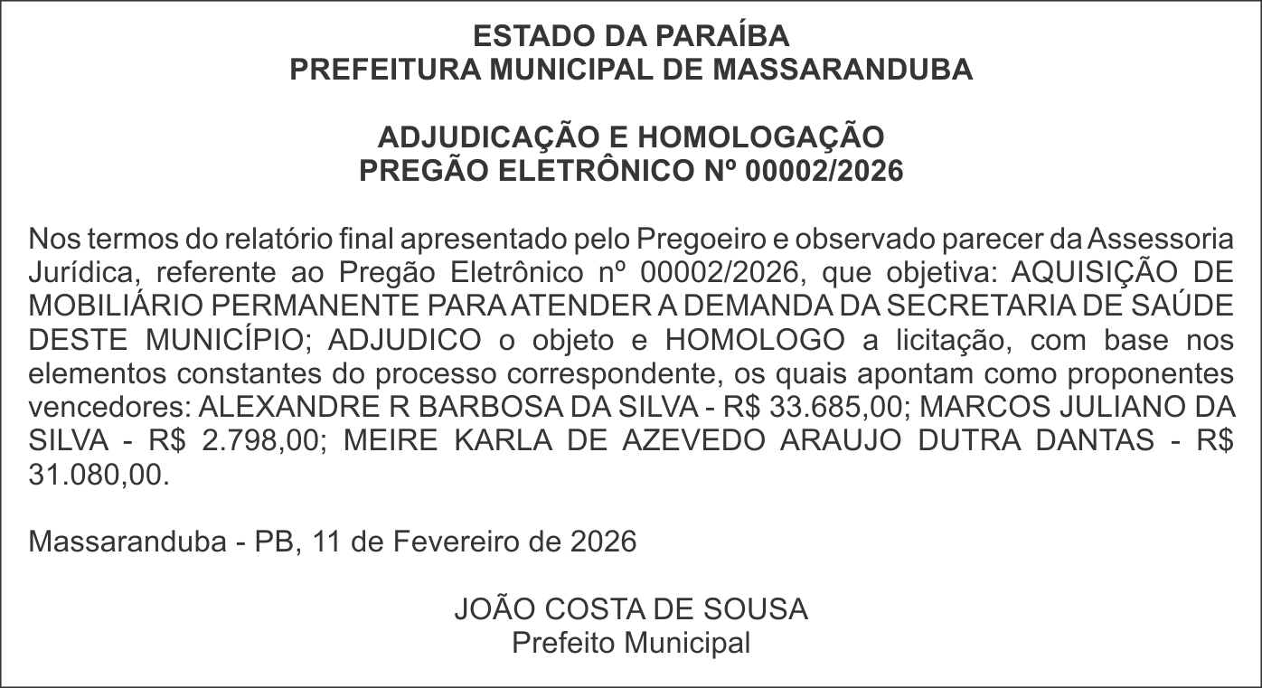 PREFEITURA MUNICIPAL DE MASSARANDUBA – ADJUDICAÇÃO E HOMOLOGAÇÃO – PREGÃO ELETRÔNICO Nº 00002/2026