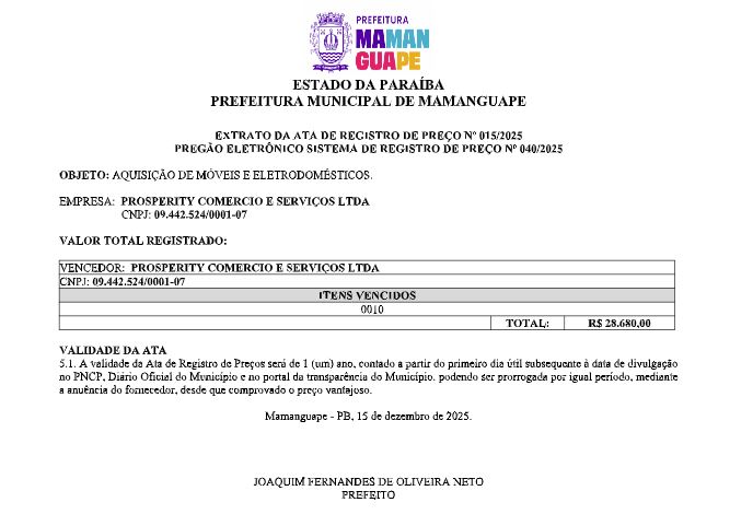 PREFEITURA MUNICIPAL DE MAMANGUAPE – EXTRATO DA ATA DE REGISTRO DE PREÇO Nº 015/2025