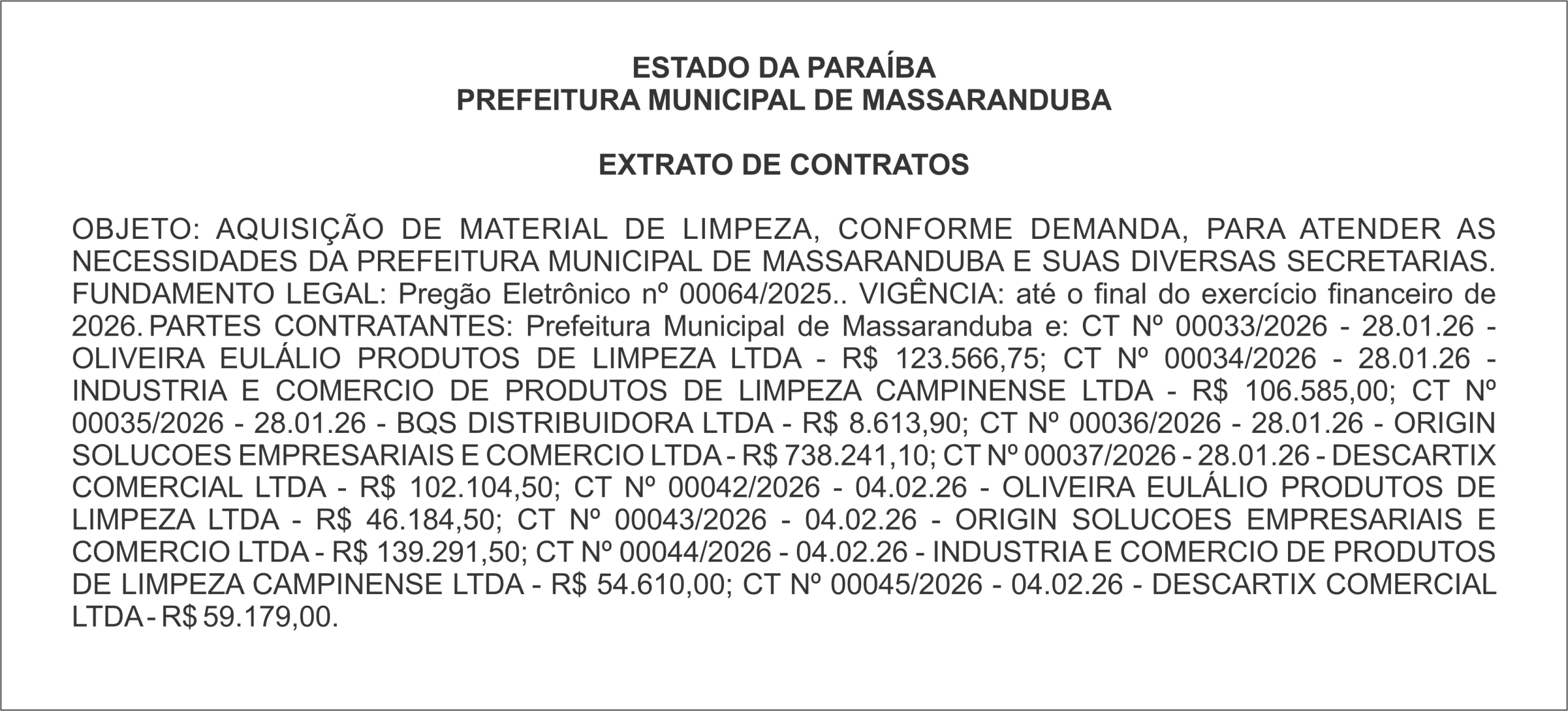 PREFEITURA MUNICIPAL DE MASSARANDUBA – EXTRATO DE CONTRATOS