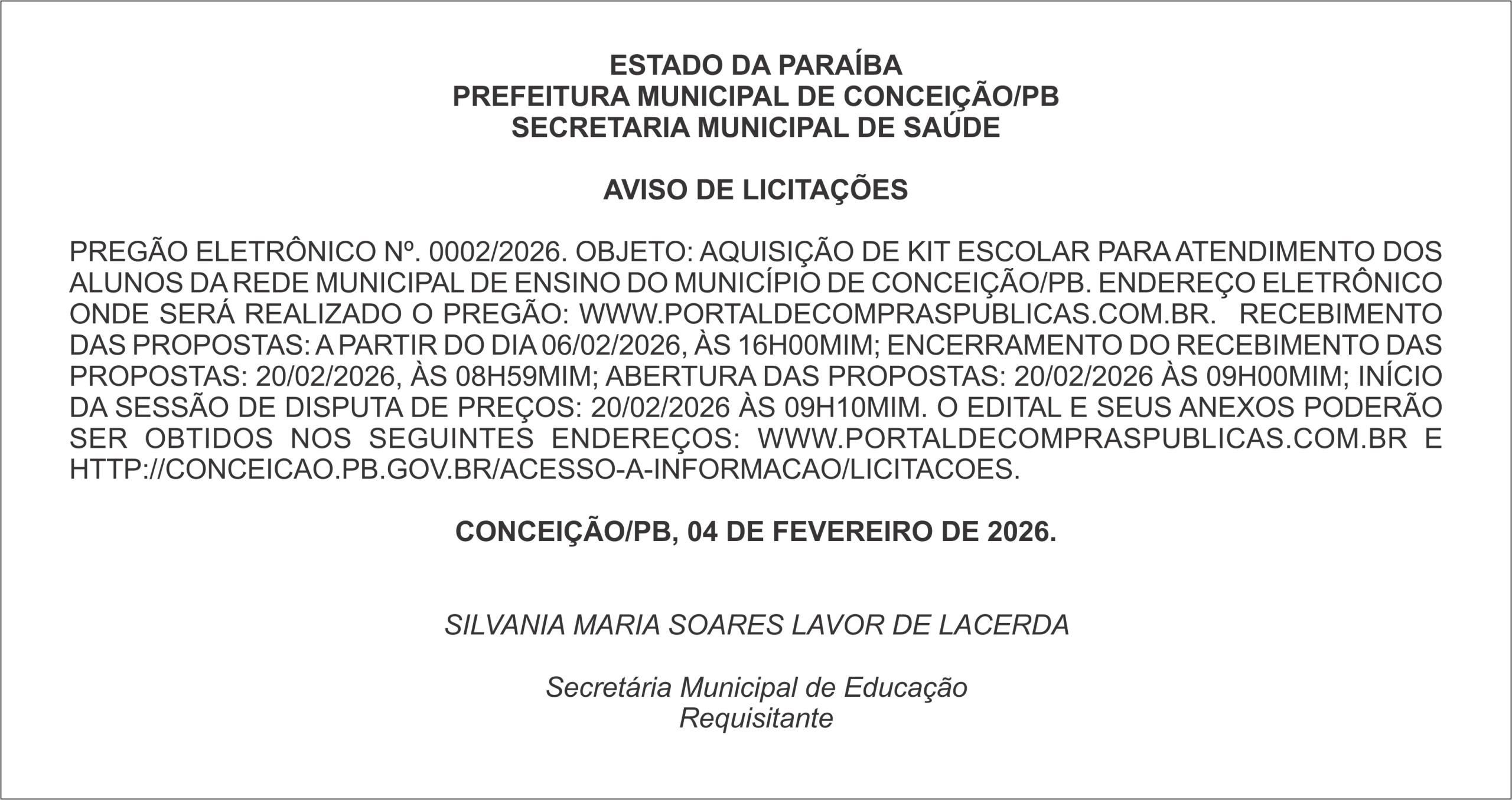 PREFEITURA MUNICIPAL DE CONCEIÇÃO/PB – AVISO DE LICITAÇÕES – PREGÃO ELETRÔNICO Nº. 0002/2026