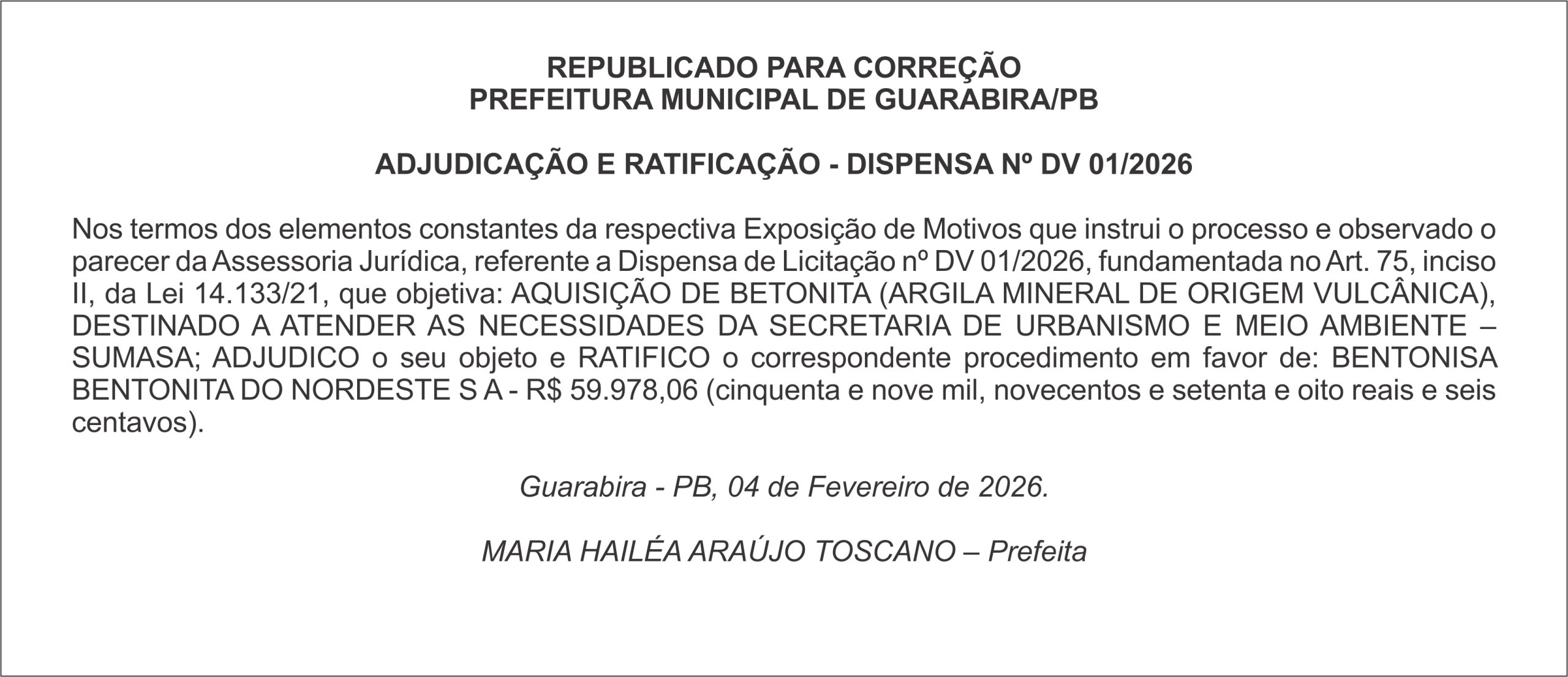 PREFEITURA MUNICIPAL DE GUARABIRA/PB- REPUBLICADO PARA CORREÇÃO –  ADJUDICAÇÃO E RATIFICAÇÃO – DISPENSA Nº DV 01/2026