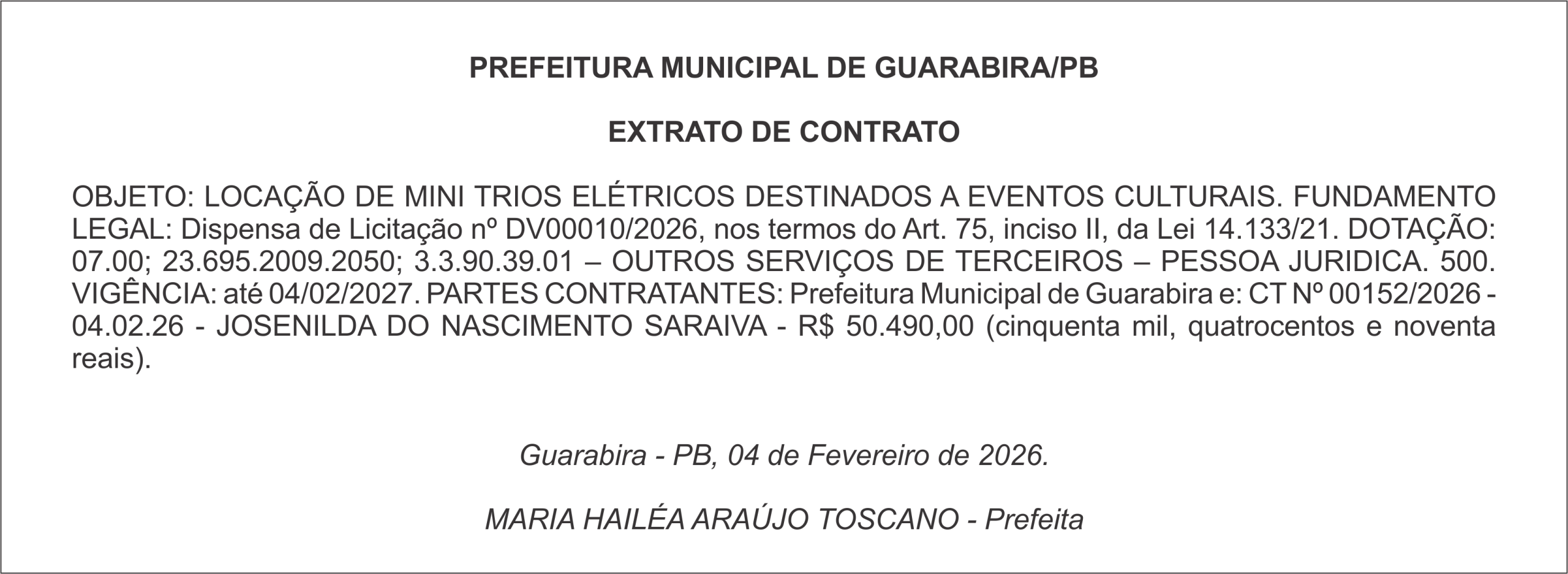 PREFEITURA MUNICIPAL DE GUARABIRA/PB – EXTRATO DE CONTRATO