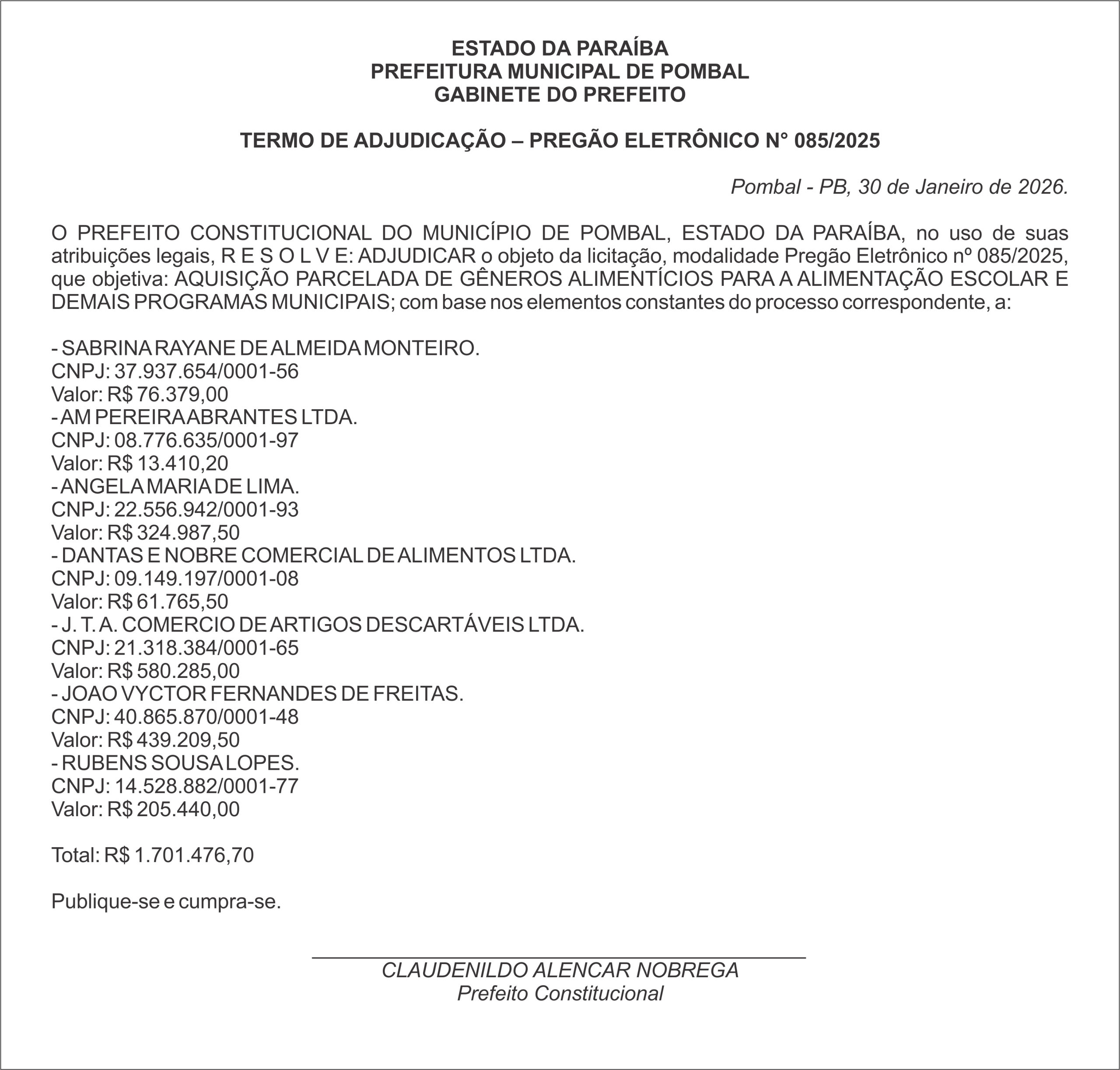 PREFEITURA MUNICIPAL DE POMBAL – TERMO DE ADJUDICAÇÃO – PREGÃO ELETRÔNICO N° 085/2025