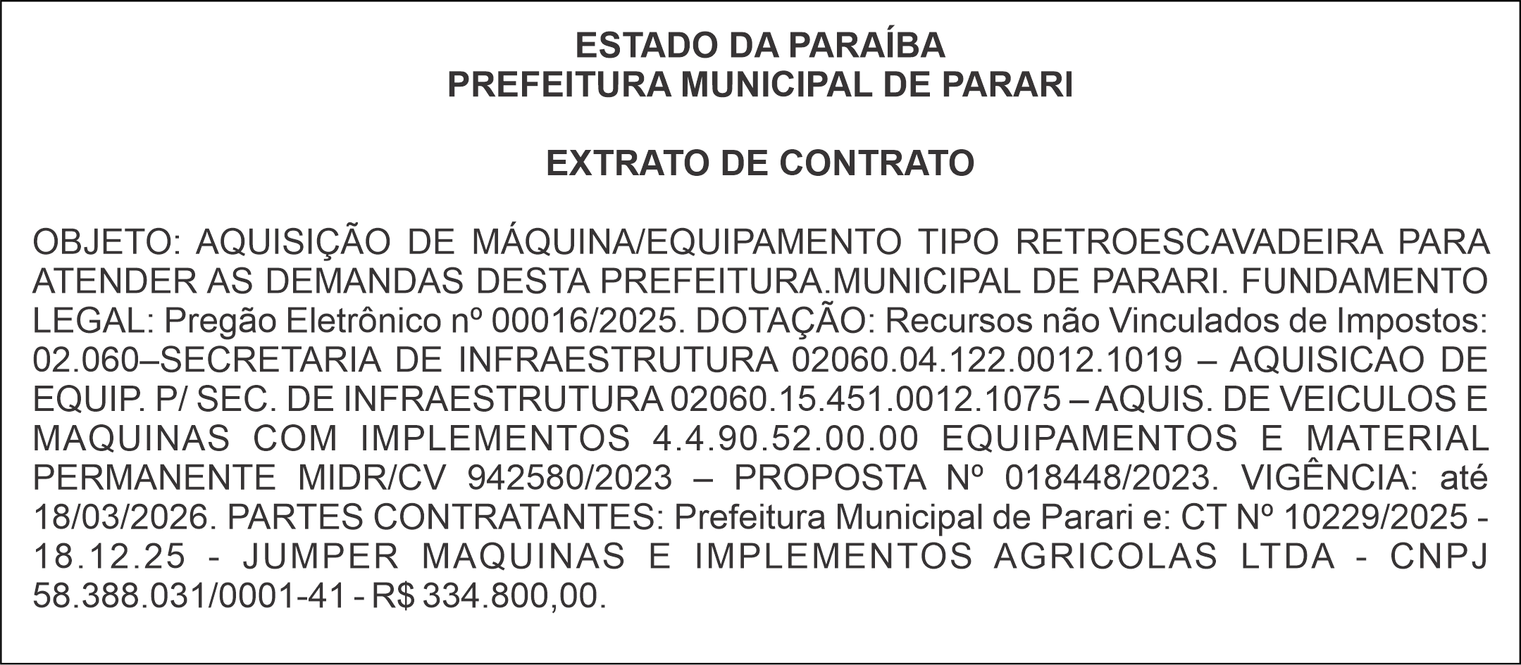 PREFEITURA MUNICIPAL DE PARARI  – EXTRATO DE CONTRATO