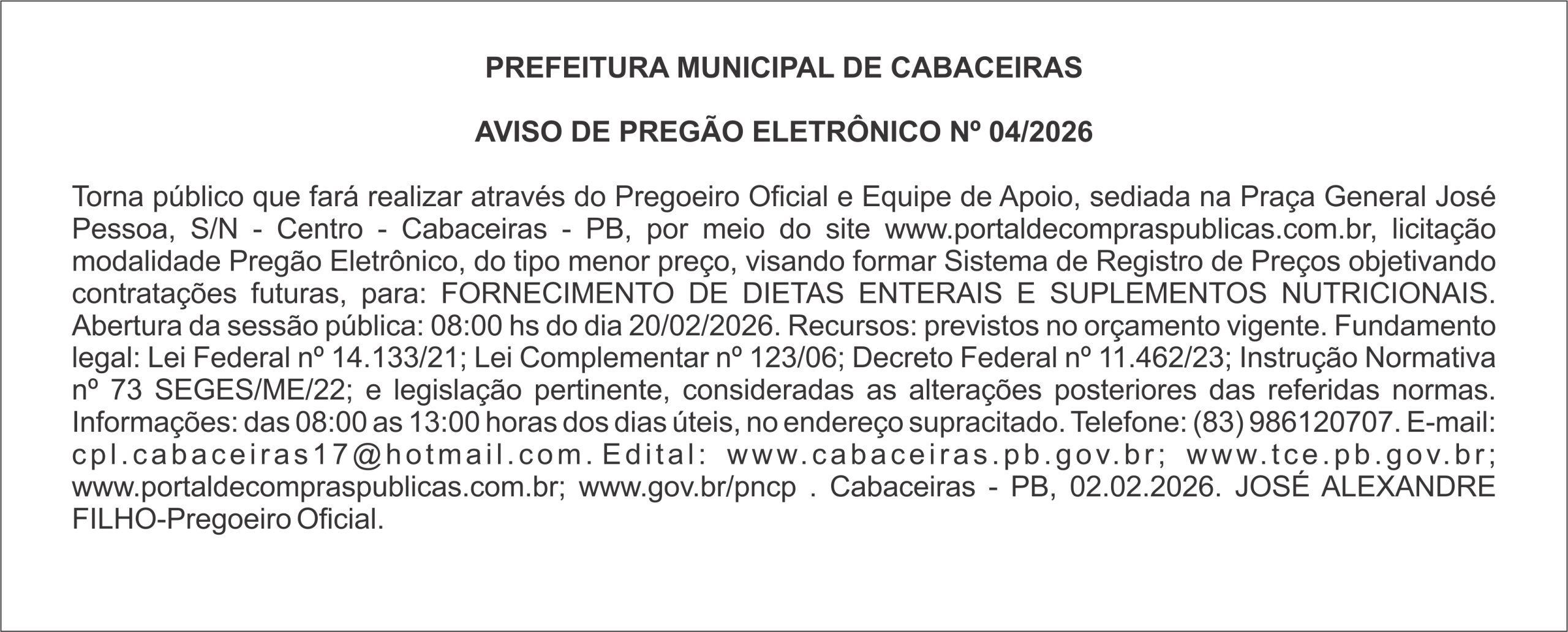 PREFEITURA MUNICIPAL DE CABACEIRAS     AVISO DE PREGÃO ELETRÔNICO Nº 04/2026