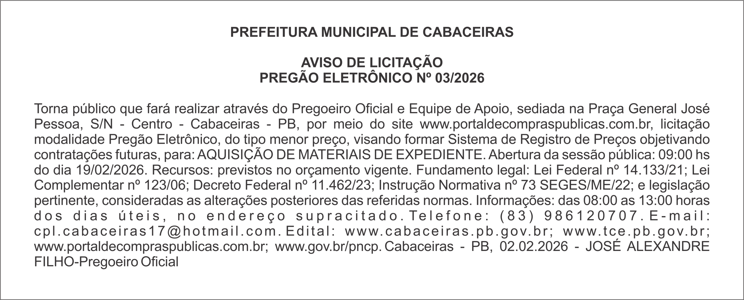 PREFEITURA MUNICIPAL DE CABACEIRAS     AVISO DE LICITAÇÃO PREGÃO ELETRÔNICO Nº 03/2026