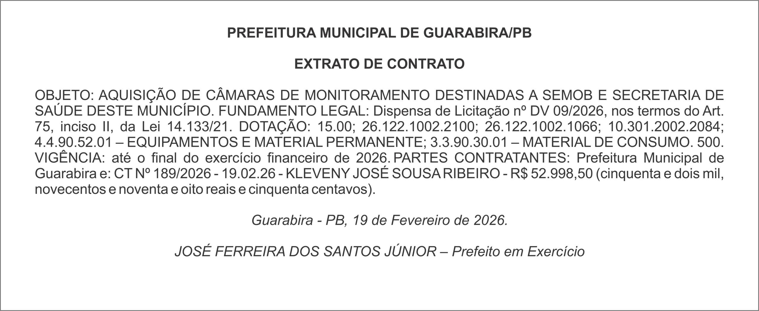 PREFEITURA MUNICIPAL DE GUARABIRA/PB – EXTRATO DE CONTRATO