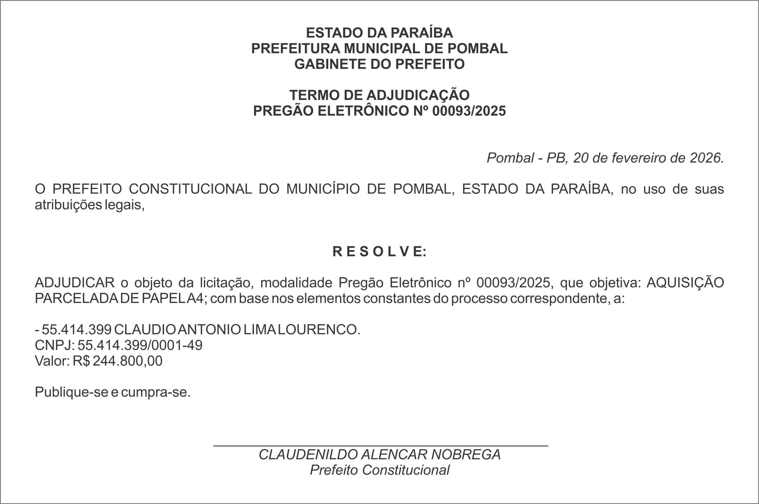 PREFEITURA MUNICIPAL DE POMBAL – TERMO DE ADJUDICAÇÃO – PREGÃO ELETRÔNICO Nº 00093/2025