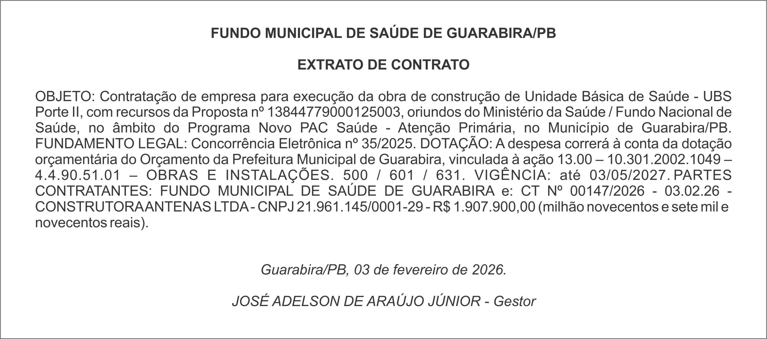 FUNDO MUNICIPAL DE SAÚDE DE GUARABIRA/PB – EXTRATO DE CONTRATO
