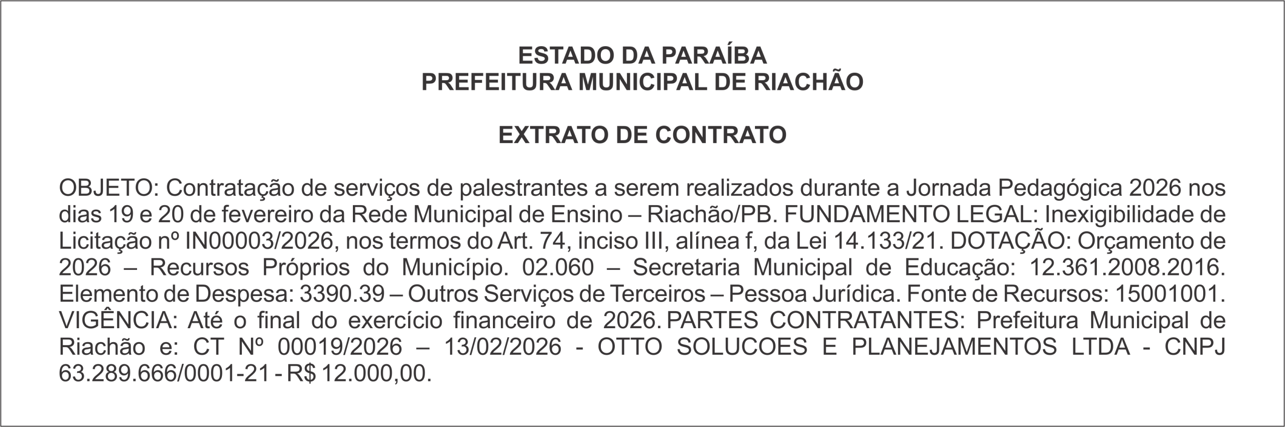 PREFEITURA MUNICIPAL DE RIACHÃO – EXTRATO DE CONTRATO