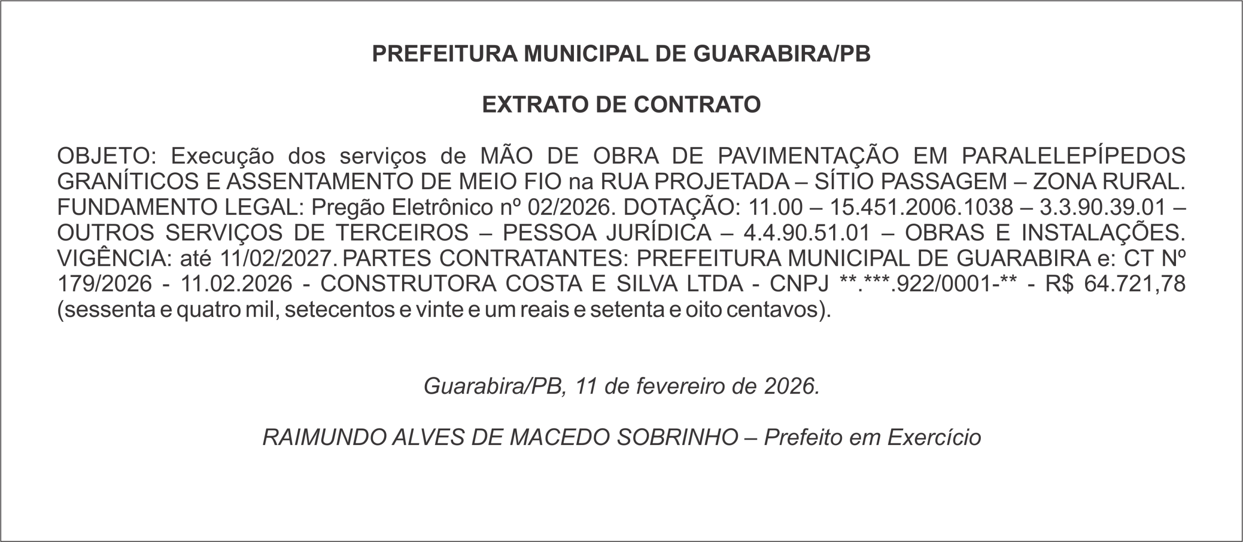 PREFEITURA MUNICIPAL DE GUARABIRA/PB – EXTRATO DE CONTRATO