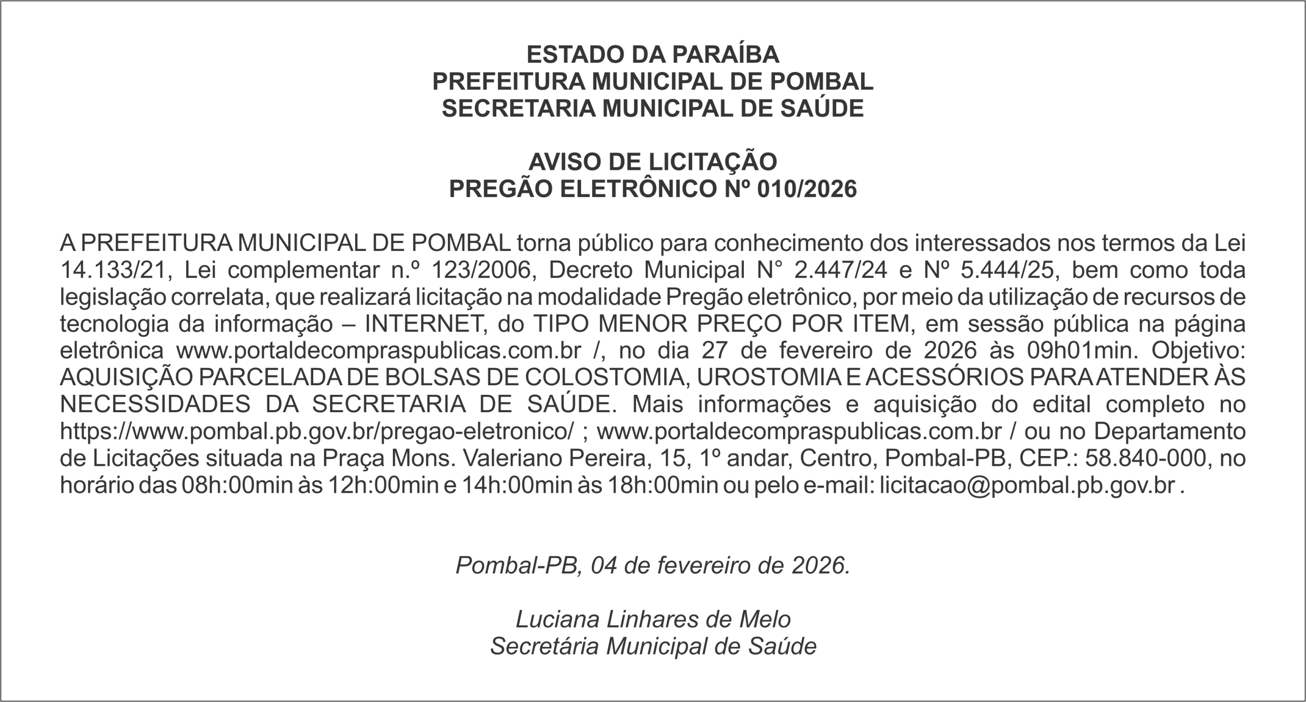 PREFEITURA MUNICIPAL DE POMBAL – AVISO DE LICITAÇÃO – PREGÃO ELETRÔNICO Nº 010/2026