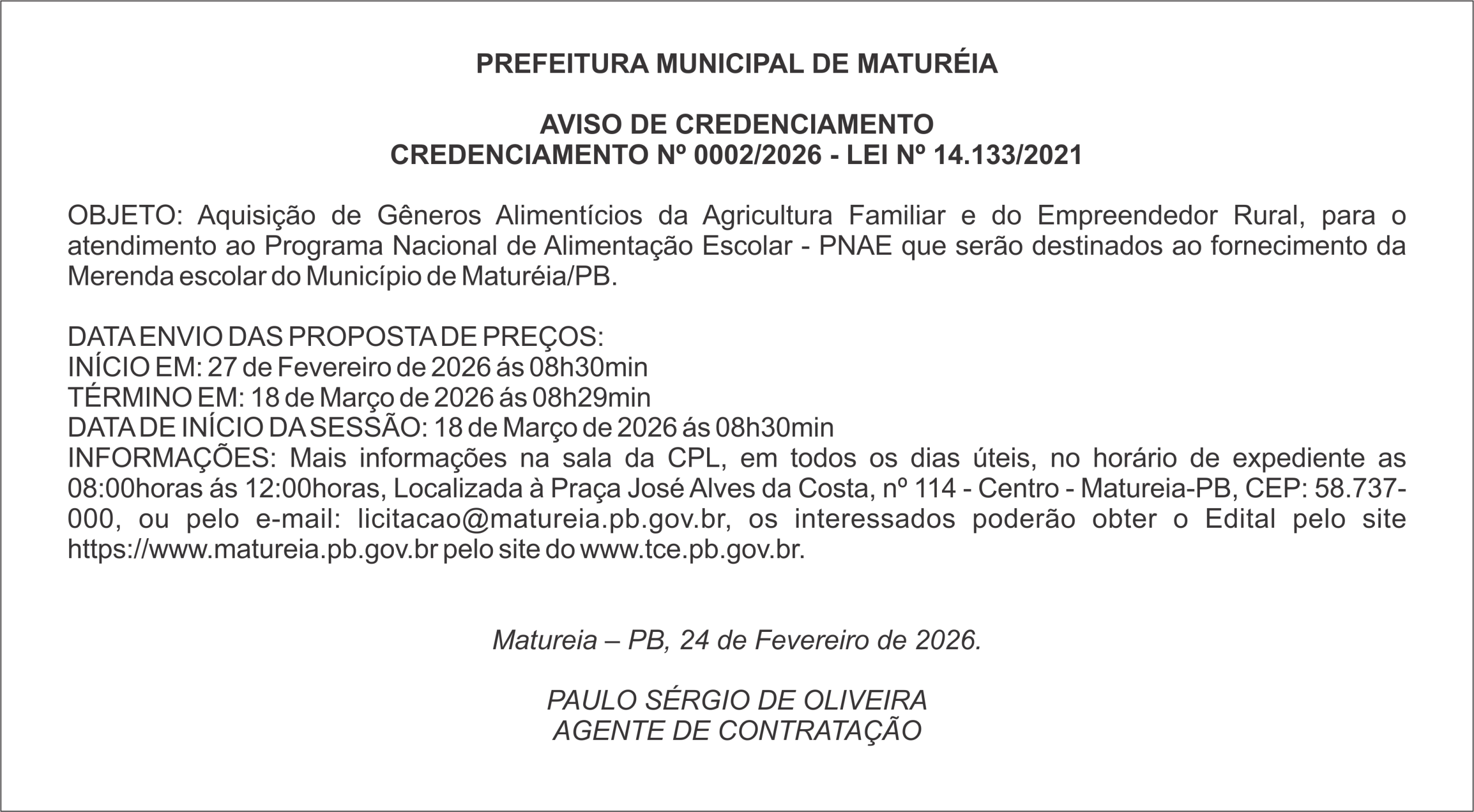 PREFEITURA DE MATURÉIA – AVISO DE CREDENCIAMENTO CREDENCIAMENTO Nº 0002/2026