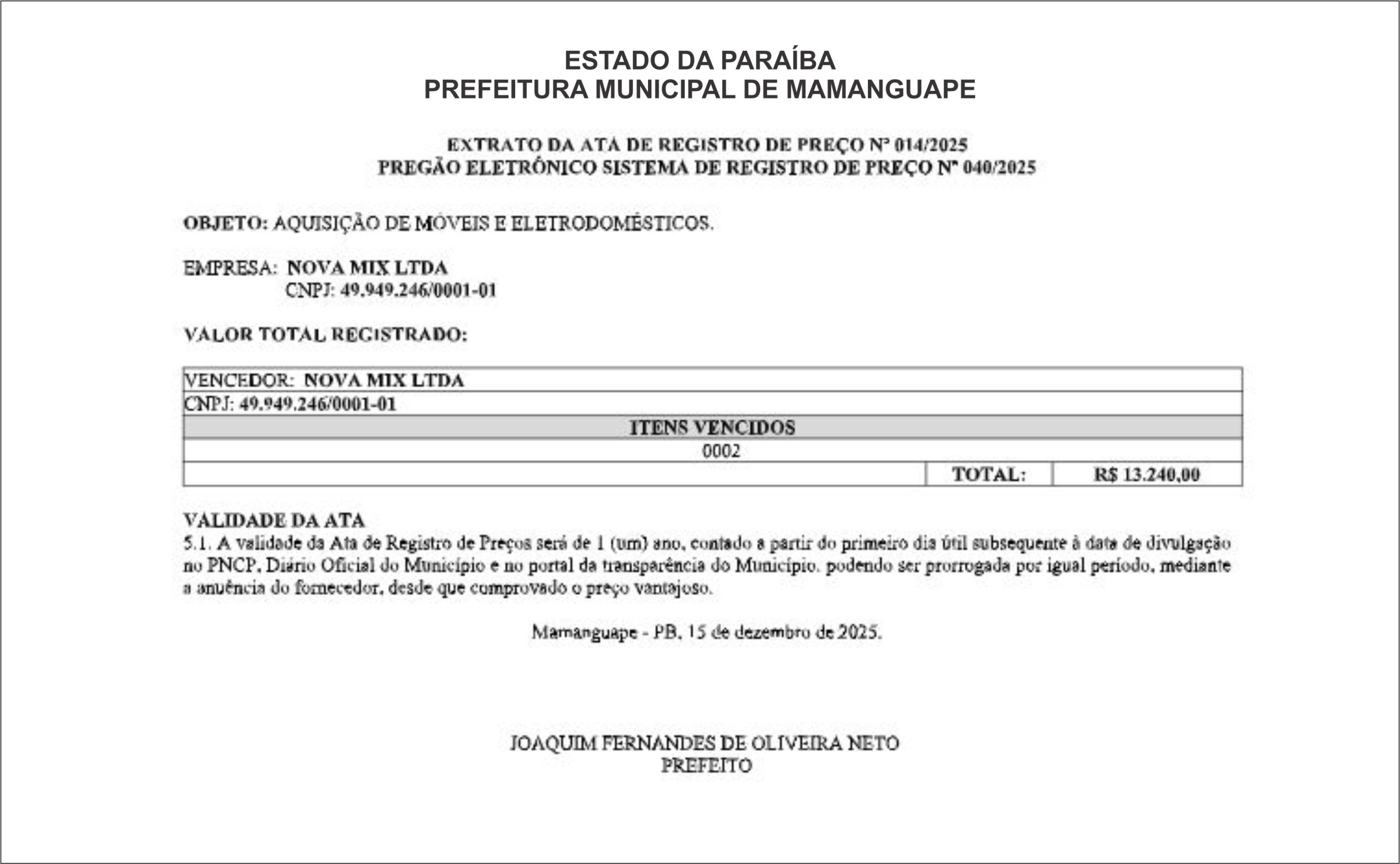PREFEITURA MUNICIPAL DE MAMANGUAPE – EXTRATO DA ATA DE REGISTRO DE PREÇO Nº 014/2025