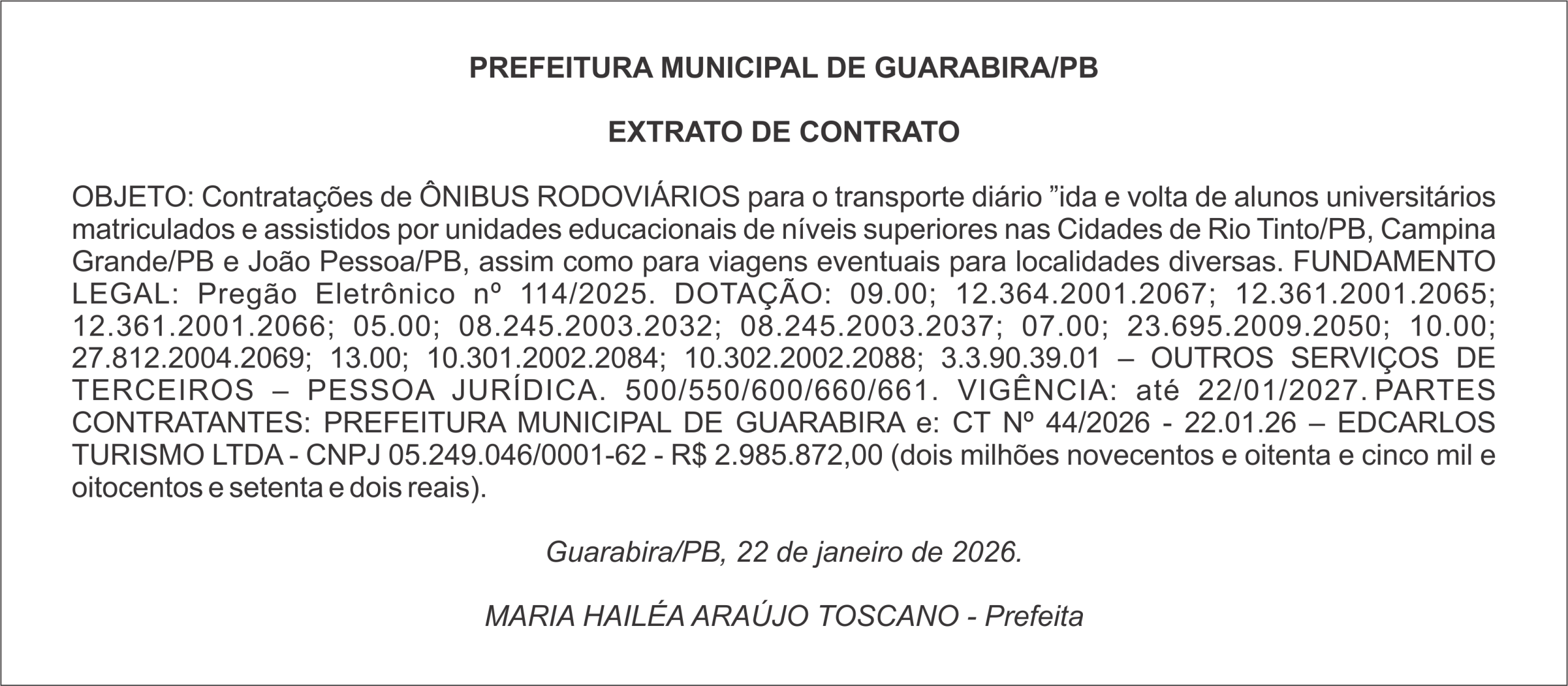 PREFEITURA MUNICIPAL DE GUARABIRA/PB – EXTRATO DE CONTRATO