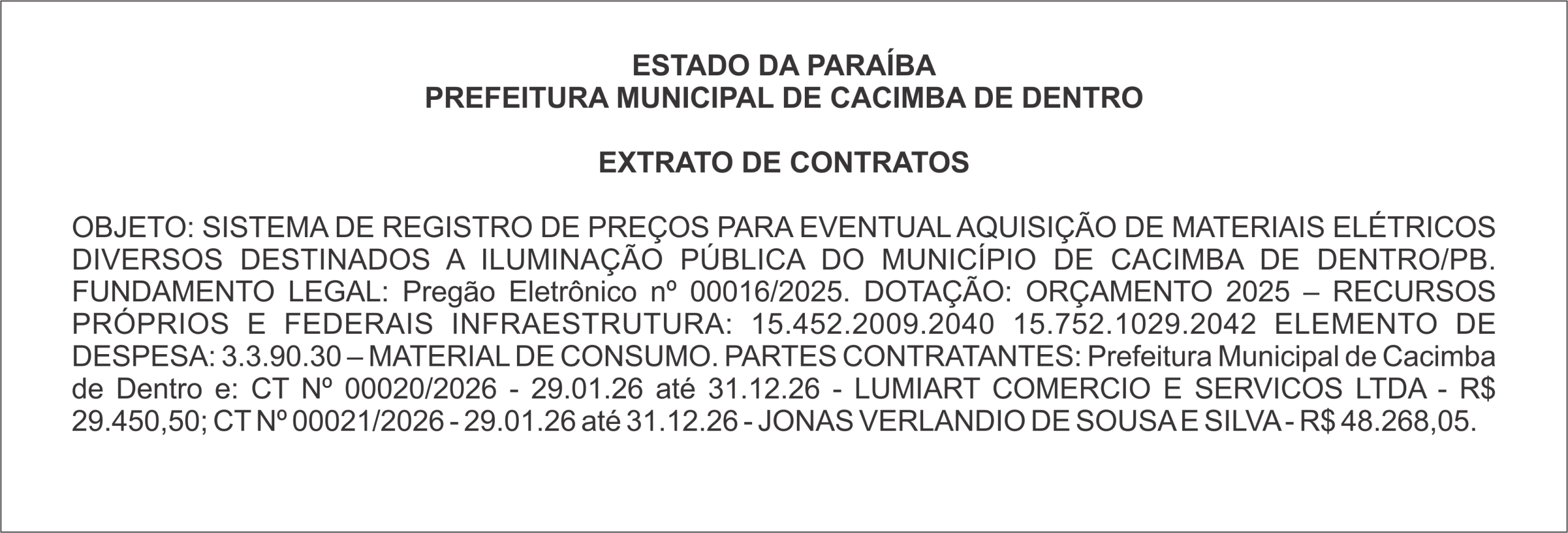 PREFEITURA MUNICIPAL DE CACIMBA DE DENTRO – EXTRATO DE CONTRATOS