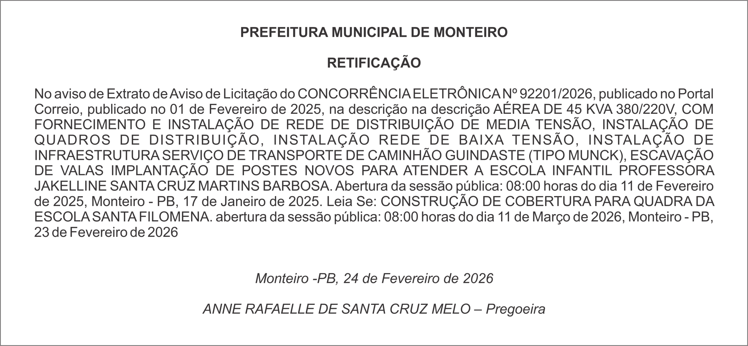 PREFEITURA DE MONTEIRO – RETIFICAÇÃO