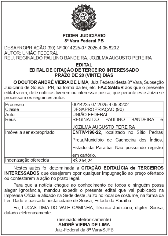 SECRETARIA NACIONAL DE SEGURANÇA HIDRICA – SNSH – MDR – DF – BRASÍLIA – Edital de Citação de Terceiro Interessado – ENTIV-196-22 (REGINALDO PAULINO BANDEIRA)