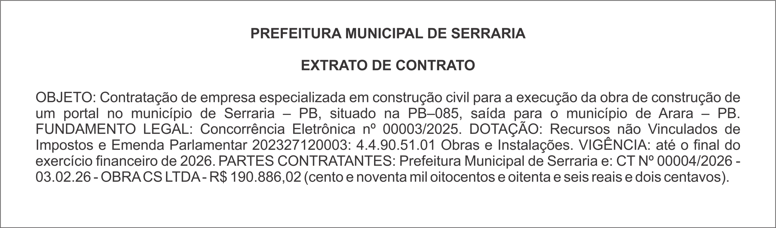 PREFEITURA MUNICIPAL DE SERRARIA – EXTRATO DE CONTRATO