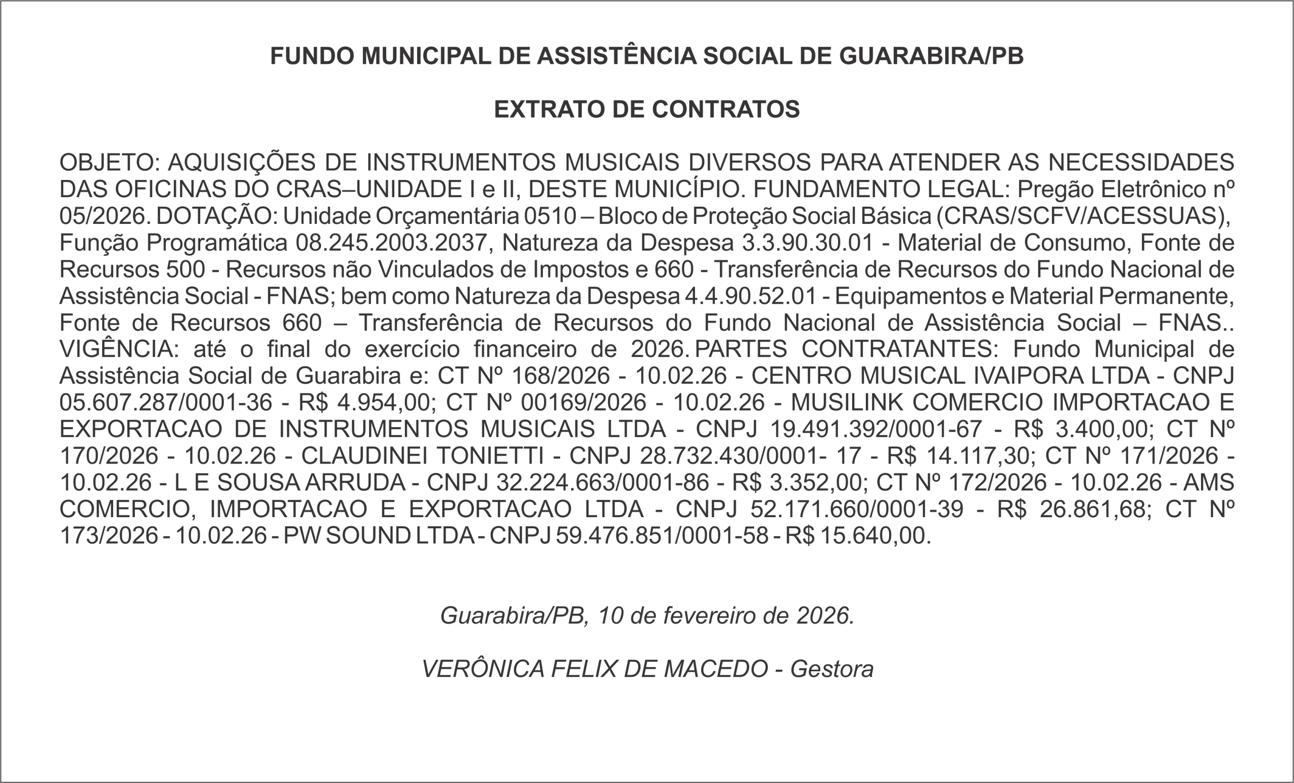 FUNDO MUNICIPAL DE ASSISTÊNCIA SOCIAL DE GUARABIRA/PB –  EXTRATO DE CONTRATOS