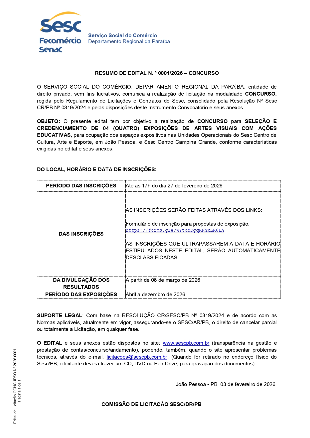 SESC – RESUMO DE EDITAL N. o 0001/2026 – CONCURSO
