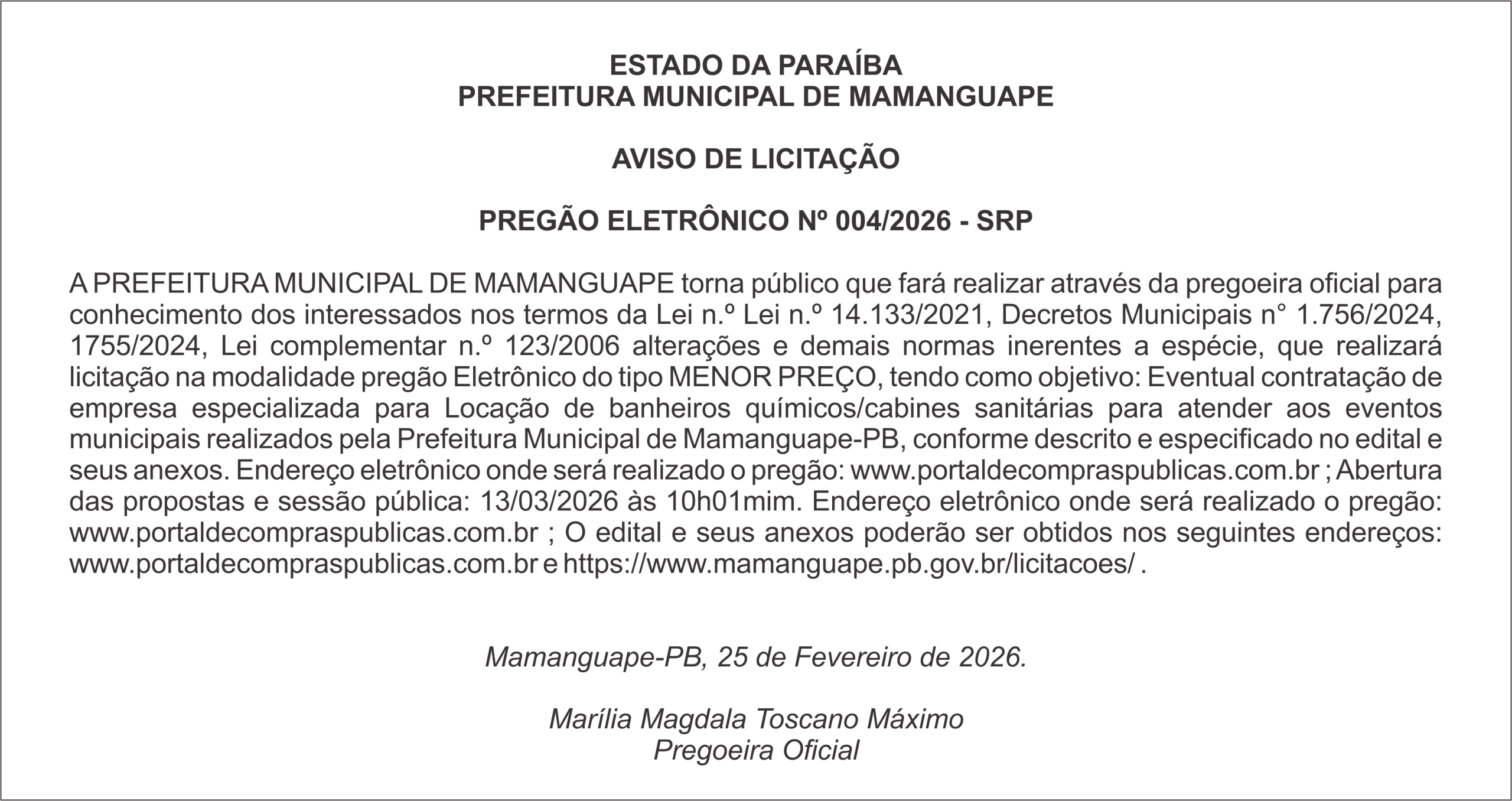 PREFEITURA MUNICIPAL DE MAMANGUAPE – AVISO DE LICITAÇÃO – PREGÃO ELETRÔNICO Nº 004/2026 – SRP