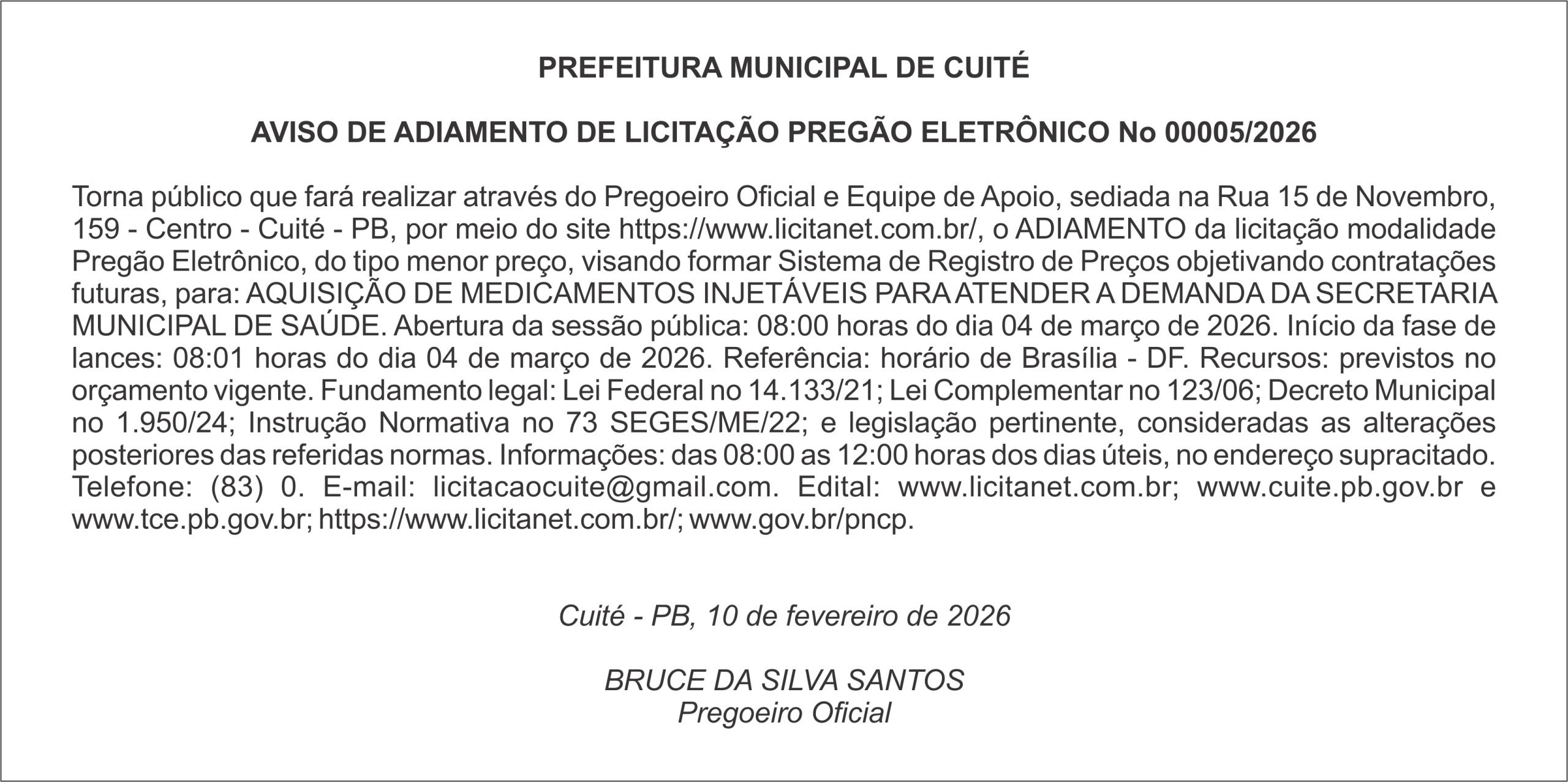 PREFEITURA MUNICIPAL DE CUITÉ – AVISO DE ADIAMENTO DE LICITAÇÃO – PREGÃO ELETRÔNICO No 00005/2026