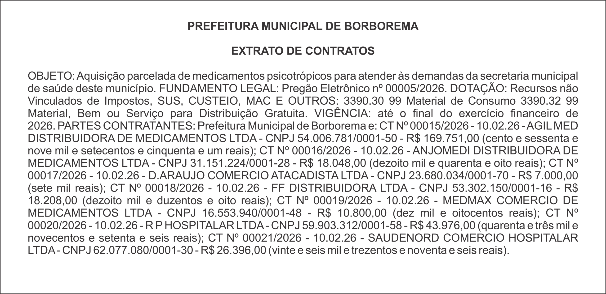 PREFEITURA MUNICIPAL DE BORBOREMA – EXTRATO DE CONTRATOS