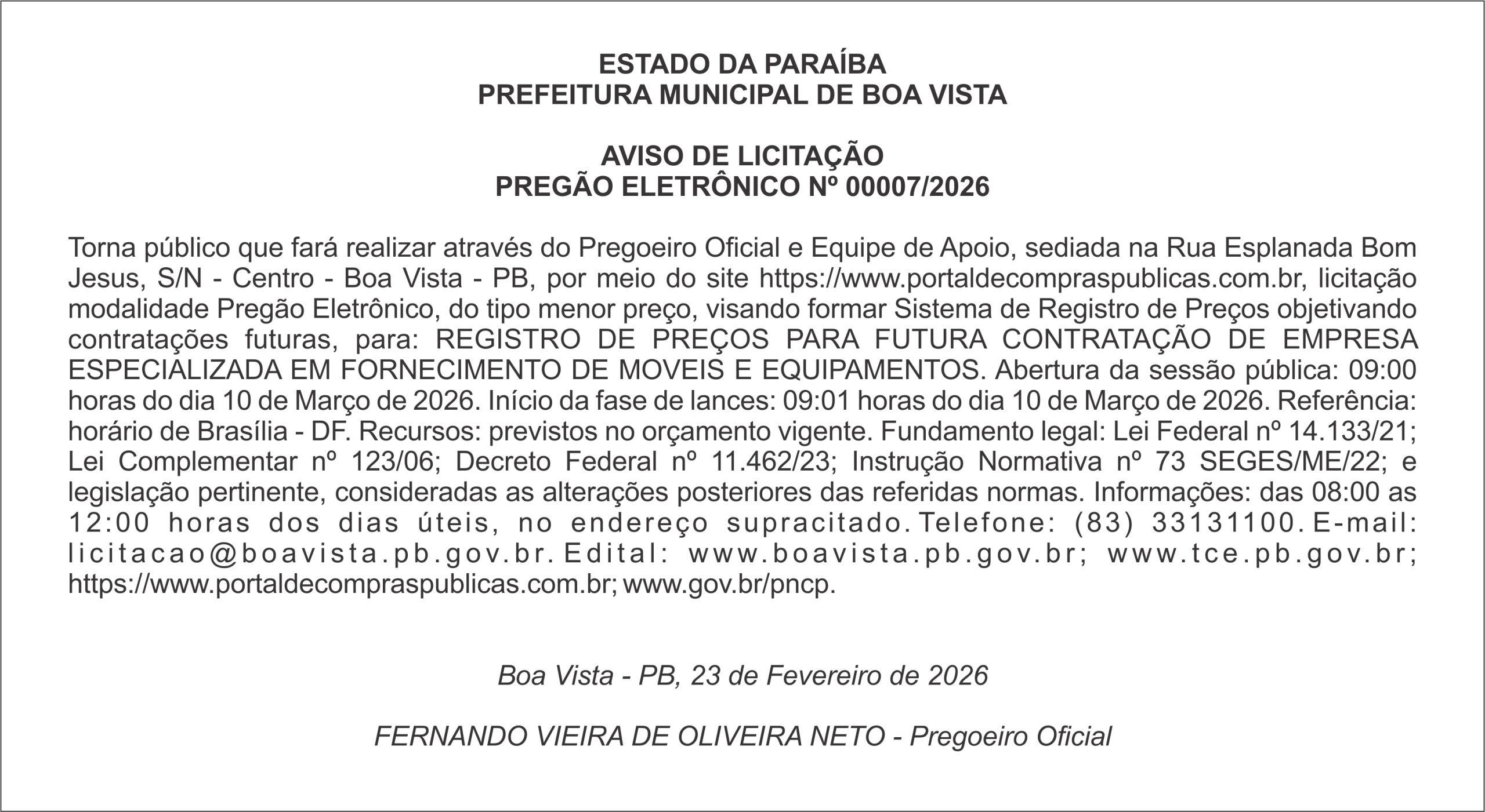 PREFEITURA MUNICIPAL DE BOA VISTA – AVISO DE LICITAÇÃO PREGÃO ELETRÔNICO Nº 00007/2026