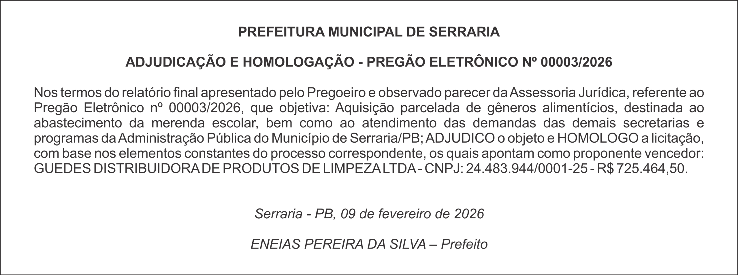 PREFEITURA MUNICIPAL DE SERRARIA – ADJUDICAÇÃO E HOMOLOGAÇÃO – PREGÃO ELETRÔNICO Nº 00003/2026