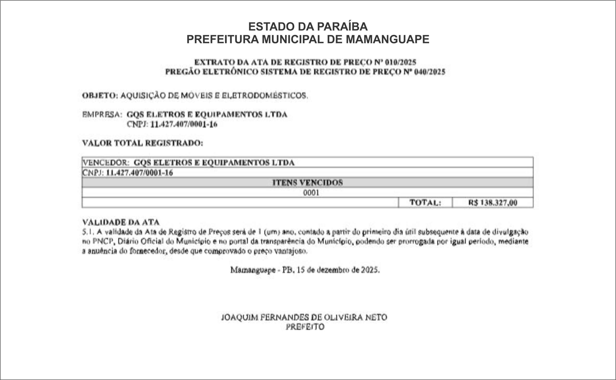 PREFEITURA MUNICIPAL DE MAMANGUAPE – EXTRATO DA ATA DE REGISTRO DE PREÇO Nº 010/2025
