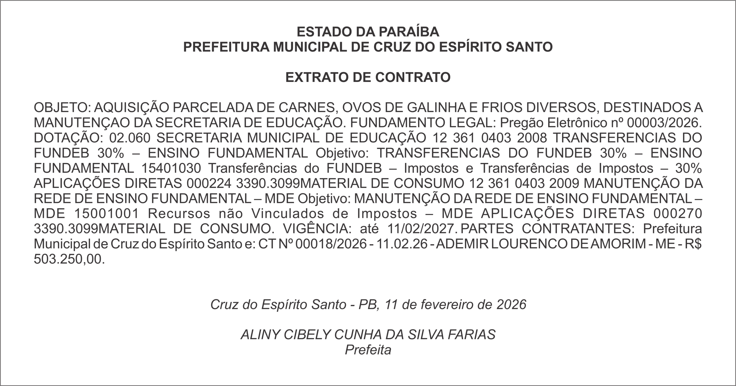 PREFEITURA MUNICIPAL DE CRUZ DO ESPÍRITO SANTO – EXTRATO DE CONTRATO