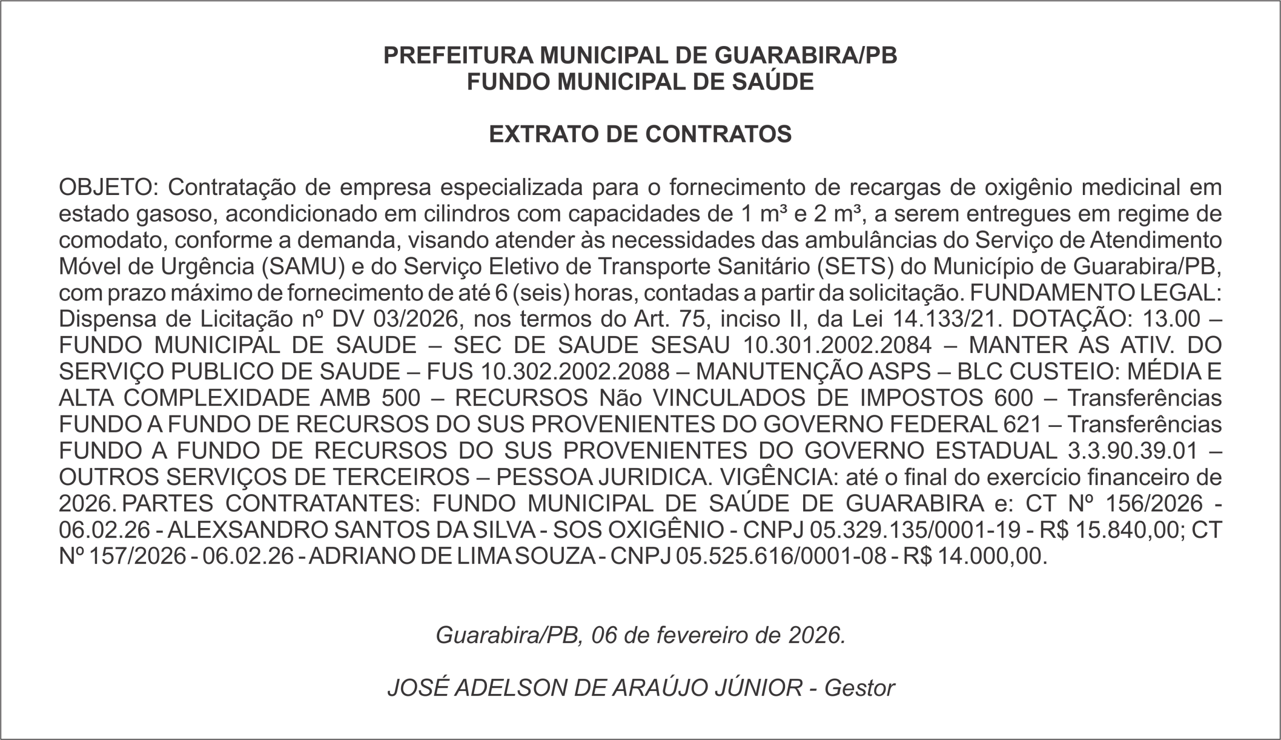 PREFEITURA MUNICIPAL DE GUARABIRA/PB – FUNDO MUNICIPAL DE SAÚDE  – EXTRATO DE CONTRATO