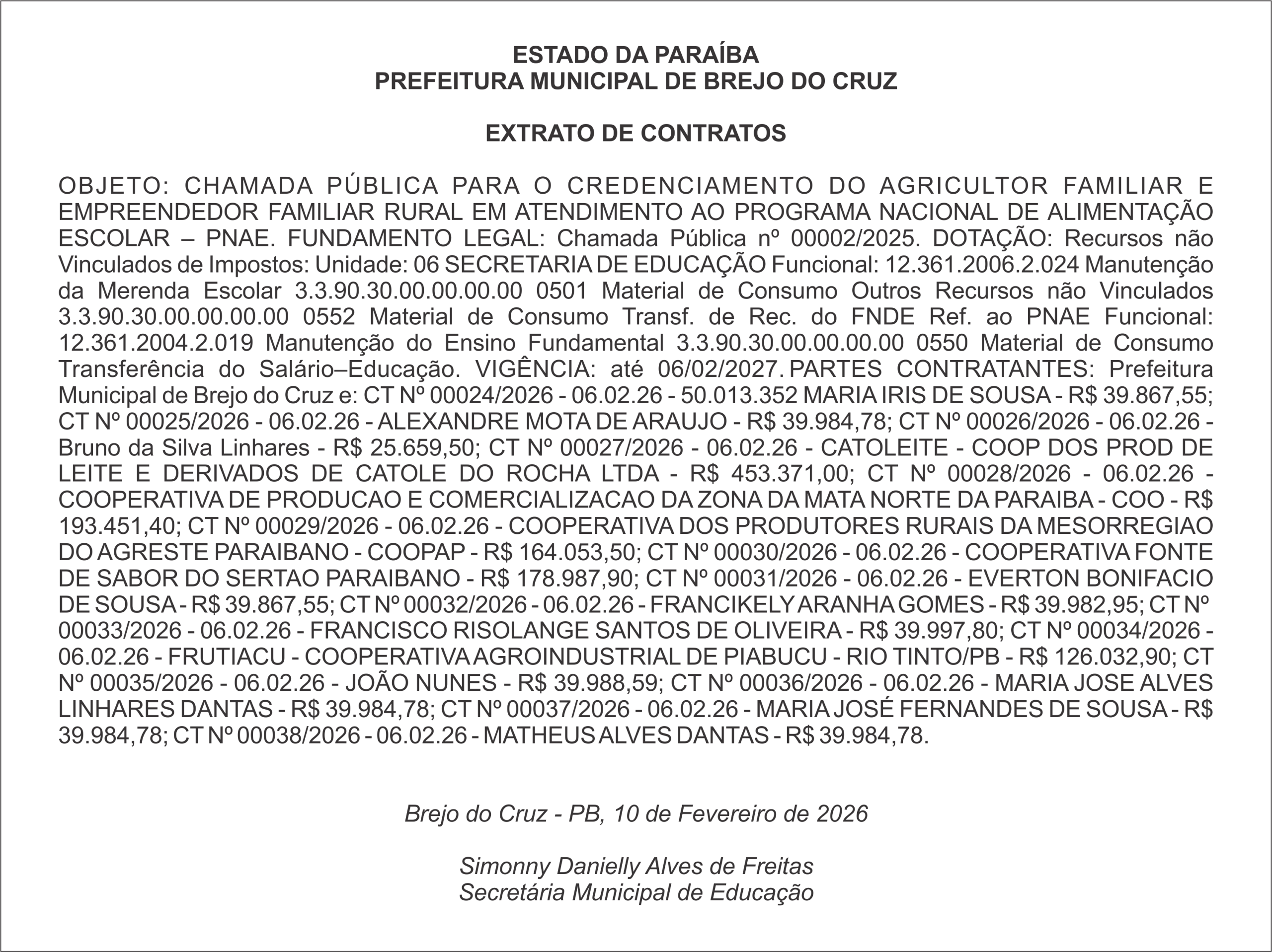 PREFEITURA MUNICIPAL DE BREJO DO CRUZ – EXTRATO DE CONTRATOS