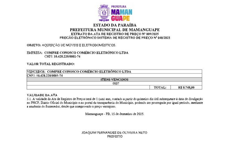PREFEITURA MUNICIPAL DE MAMANGUAPE – EXTRATO DA ATA DE REGISTRO DE PREÇO Nº 009/2025