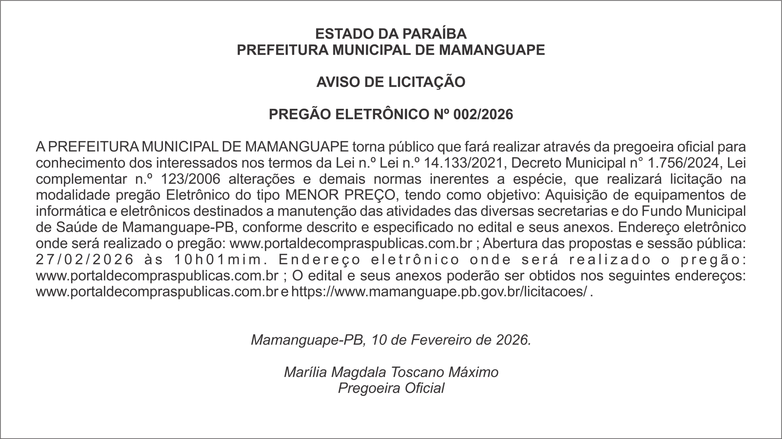 PREFEITURA MUNICIPAL DE MAMANGUAPE  AVISO DE LICITAÇÃO – PREGÃO ELETRÔNICO Nº 002/2026