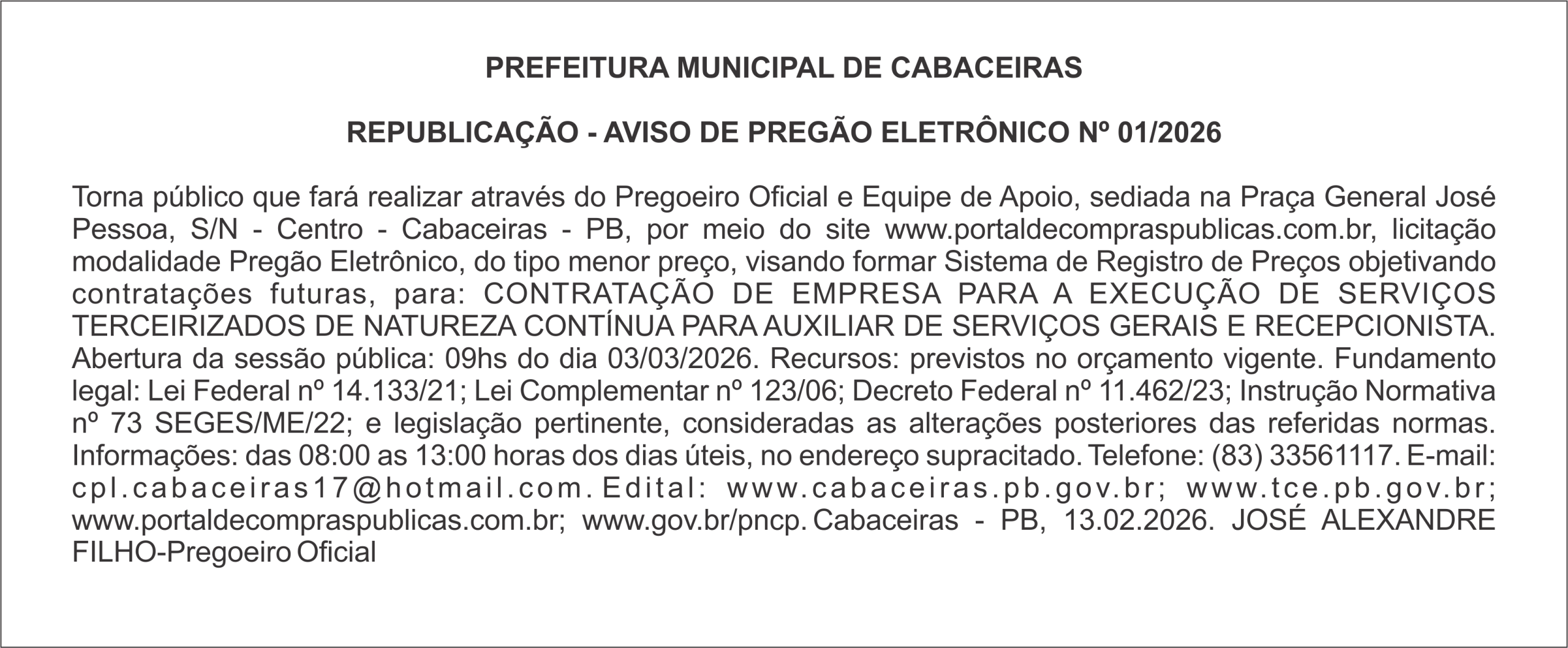 PREFEITURA MUNICIPAL DE CABACEIRAS – REPUBLICAÇÃO – AVISO DE PREGÃO ELETRÔNICO Nº 01/2026